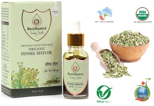 BEEJMANTRA® Organic Fennel Seed Oil - 100% Pure Natural Essential Oil for Aromatherapy, Massage & Hair Care - 30ml Glass Bottle with Dropper - Perfect for Diffusers, DIY Skincare & Relaxation