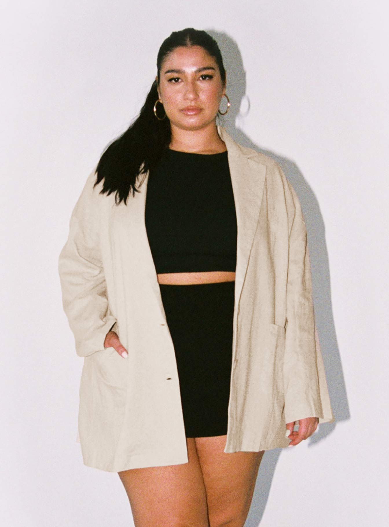 Oversized Linen Blazer for Women - Amber Beige Curved Fit Jacket | Casual Office Wear & Spring Summer Fashion Outfits