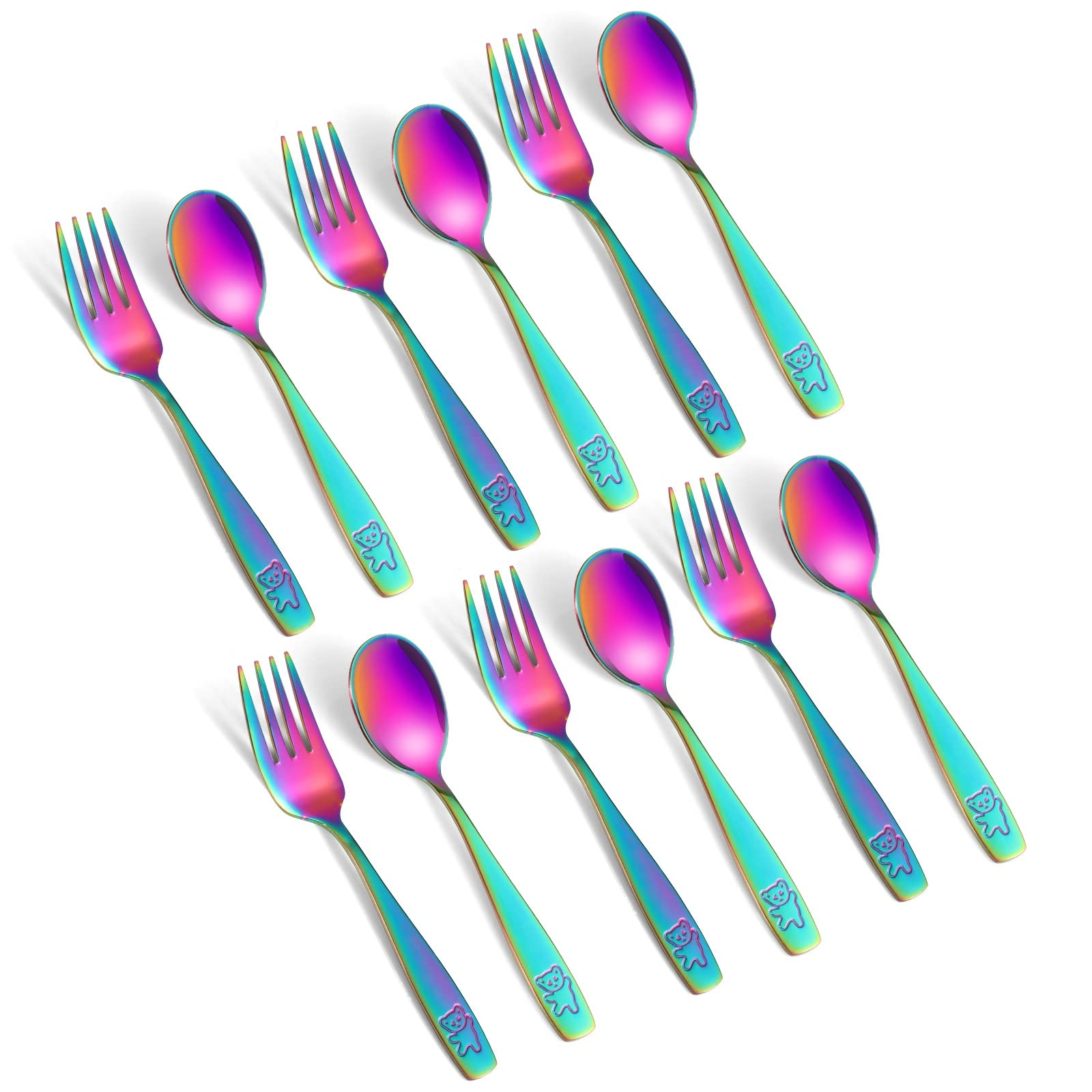 Pimoys 12-Piece Toddler Utensil Set - Stainless Steel Kids Silverware with Rainbow Handles | Safe Forks & Spoons for Children | Dishwasher Safe Cutlery | Perfect for Daycare, School Lunches & Family Meals