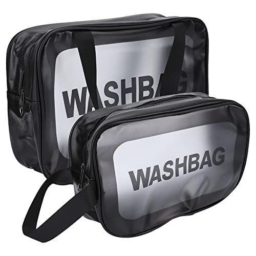 Clear Makeup Bags for Travel - 2 Pack Transparent Toiletry Bags with Zipper Closure, Black PU/TPU Cosmetic Organizer (2 Sizes) - Perfect for Airport Security & Gym Essentials
