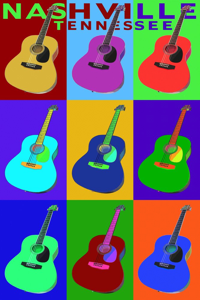 Nashville Tennessee Acoustic Guitar Pop Art - 12x18 Gallery Quality Metal Wall Decor, Aluminum Art for Home & Office - Perfect for Music Lovers, Country Decor, and Unique Gift Ideas