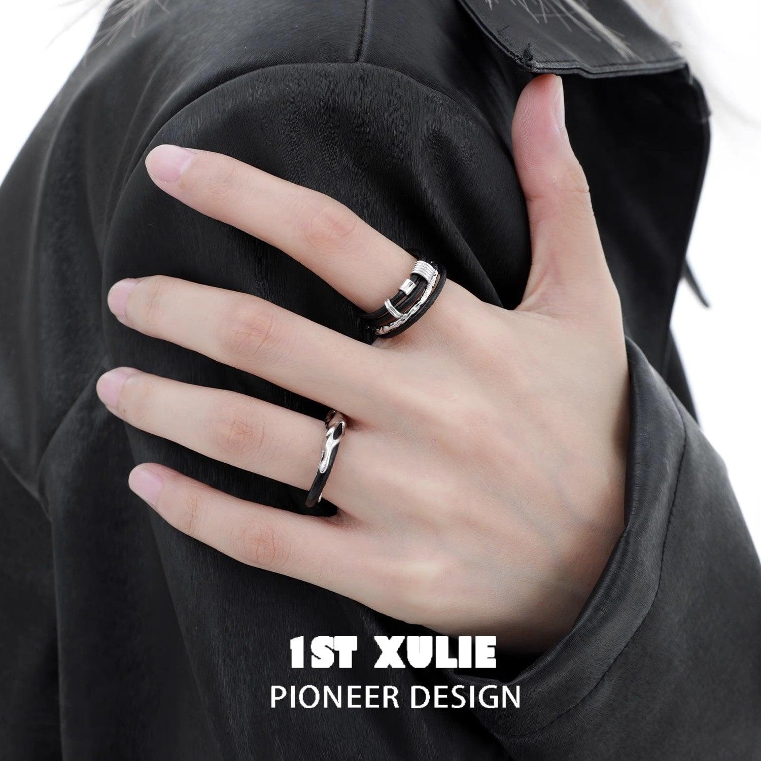 Black Mirror Cowhide Sterling Silver 925 Adjustable Ring for Women & Men - Boho Chic Jewelry for Everyday Wear, Gift Giving & Special Occasions