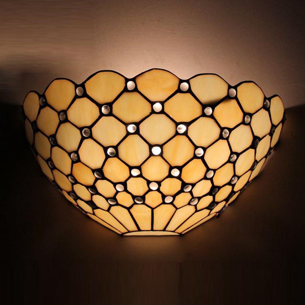 Tiffany Beige Lattice Wall Sconce - European Style Bedside Lighting for Bedroom, Hallway & Bathroom | Decorative Beaded Wall Light Fixture for Corridor, Balcony & Home Decor