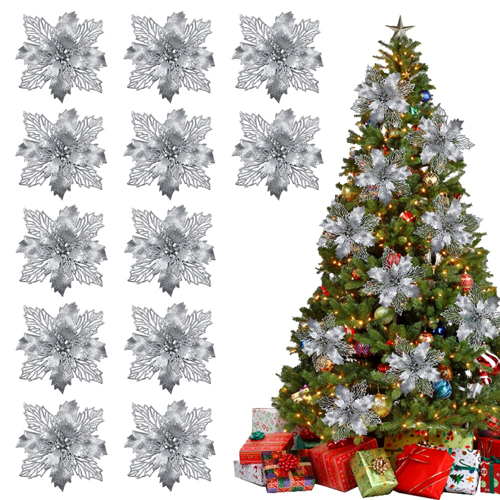 Vanleonet 12 PCS Glitter Artificial Poinsettia Flowers - Christmas Tree Ornaments, Holiday Wreath Decor, Wedding & New Year Party Decorations - Perfect for Xmas Tree, Fireplace Mantel & Festive Centerpieces