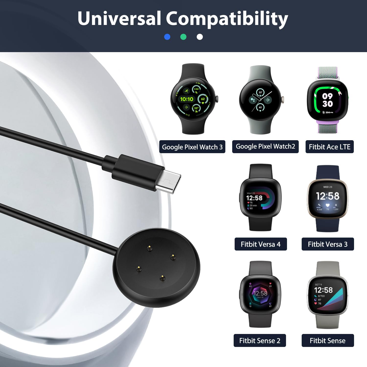 TiMOVO Magnetic USB-C Charging Cable 3.3Ft - Compatible with Google Pixel Watch 3/2 & Fitbit Ace LTE/Versa 4/3 - Fast Charging 4-Pin Connector (Black) - Perfect for Home, Office and Travel Use