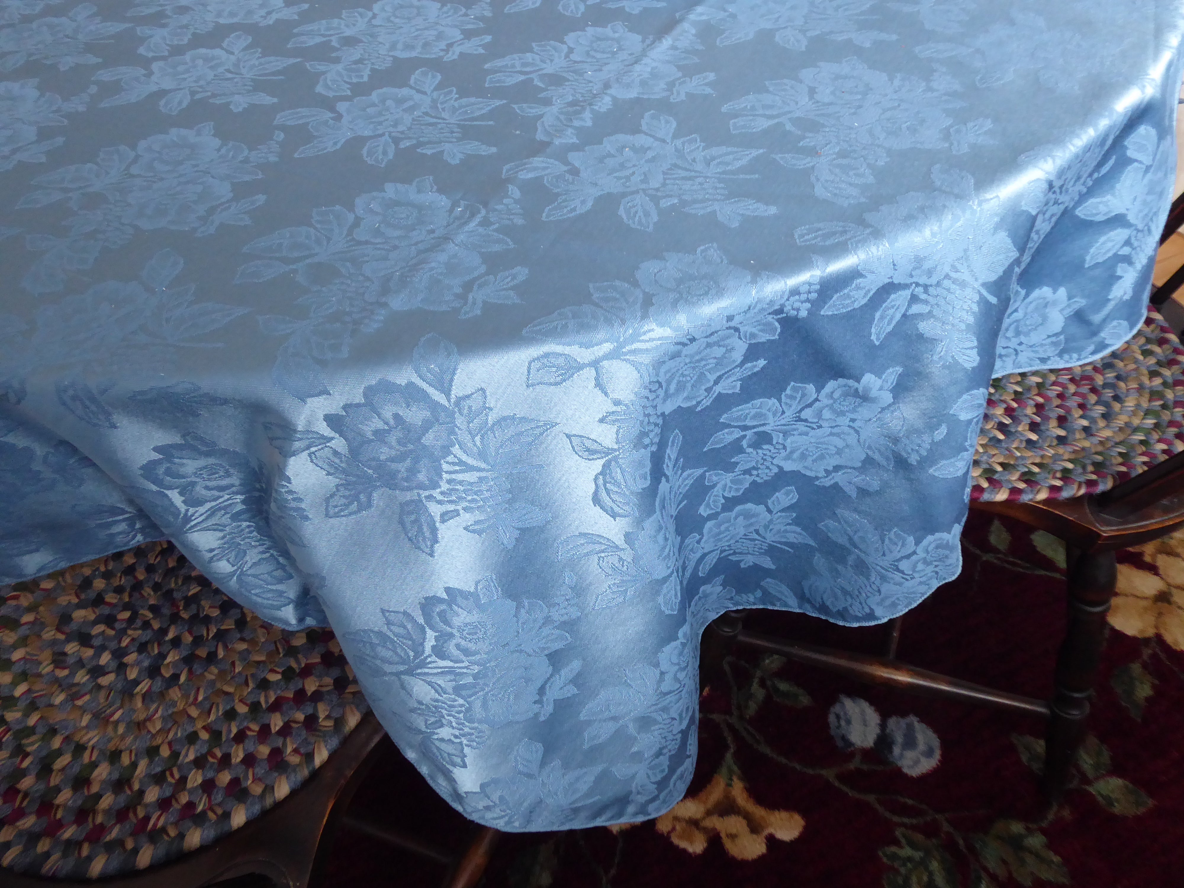 Blue Floral Damask Tablecloth 70x52 Inches - Silky Smooth Dining Table Cover for Elegant Dinner Parties, Tea Parties & Special Occasions