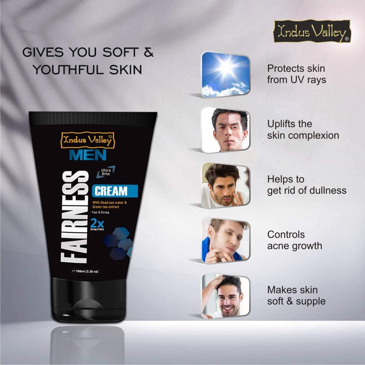 INDUS VALLEY Men's Fairness Cream with Dead Sea Minerals & Green Tea Extract - 100ml for Natural Brightening & Even Skin Tone | Daily Face Moisturizer for Men