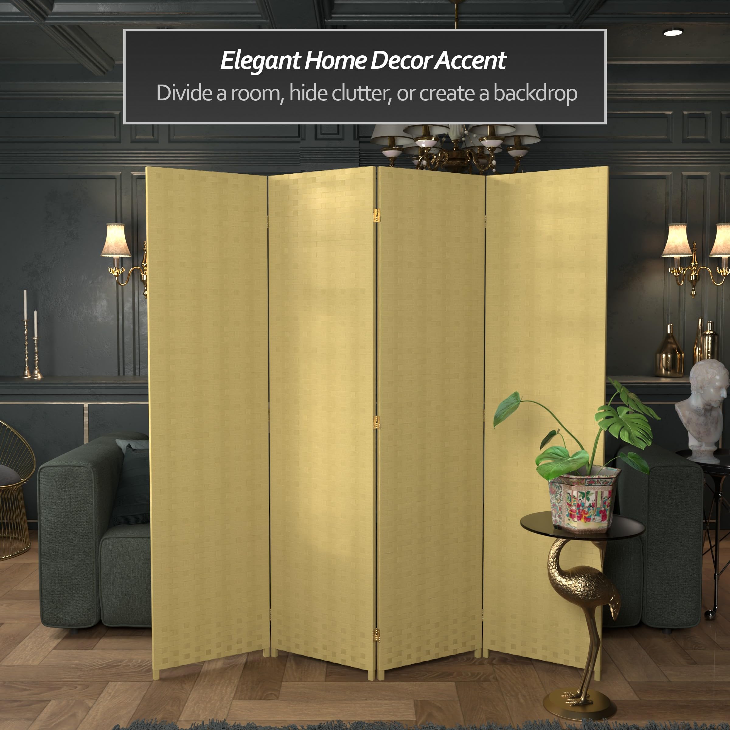 6 ft. Tall Red Lantern Woven Fiber 4-Panel Room Divider - Dark Beige Privacy Screen for Bedroom, Office, or Living Room Partition