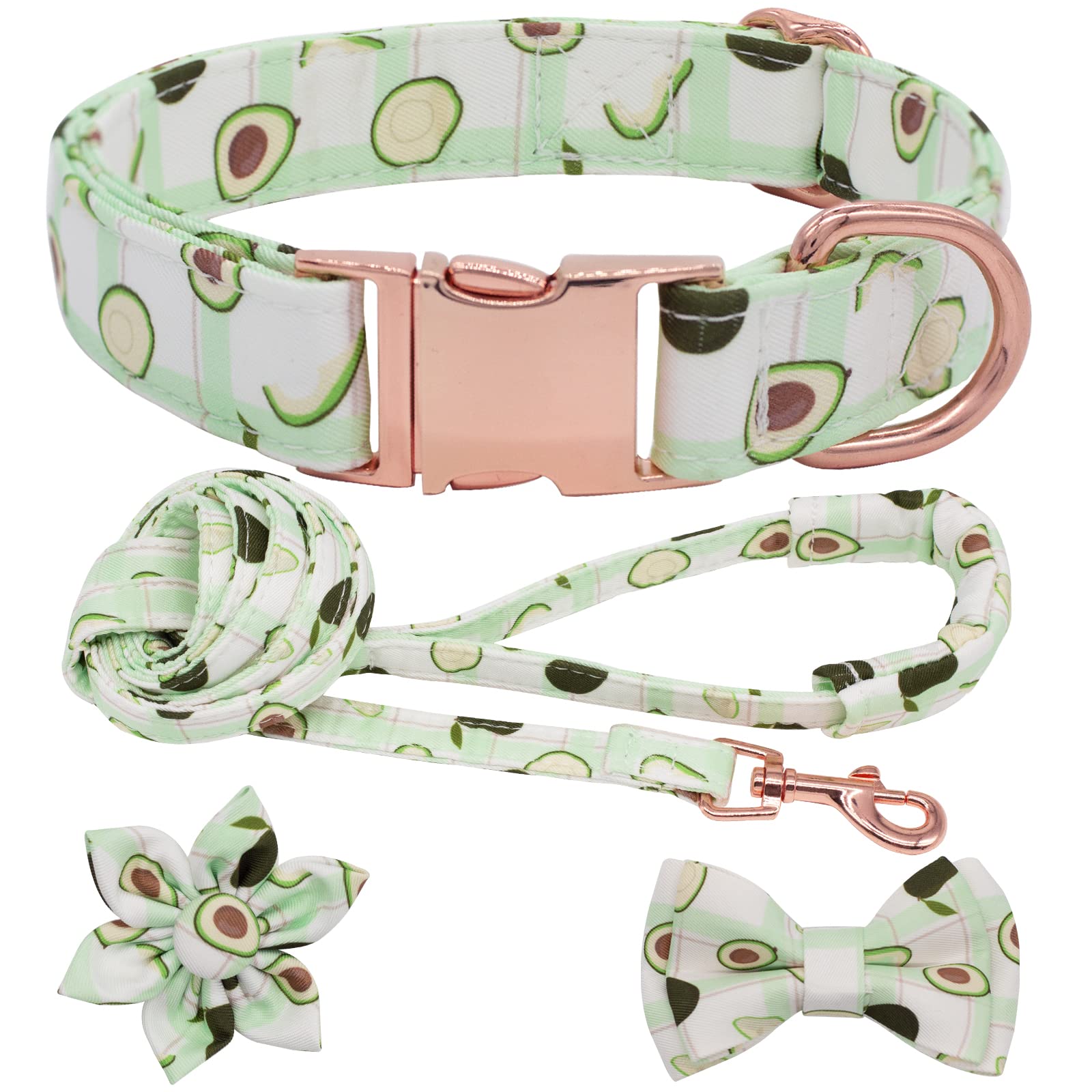Adjustable Dog Collar & Leash Set with Flower Bow Tie - Metal Buckle Pet Collar for Small Medium Large Dogs - Perfect for Daily Walks, Training & Special Occasions (Avocado Pattern)