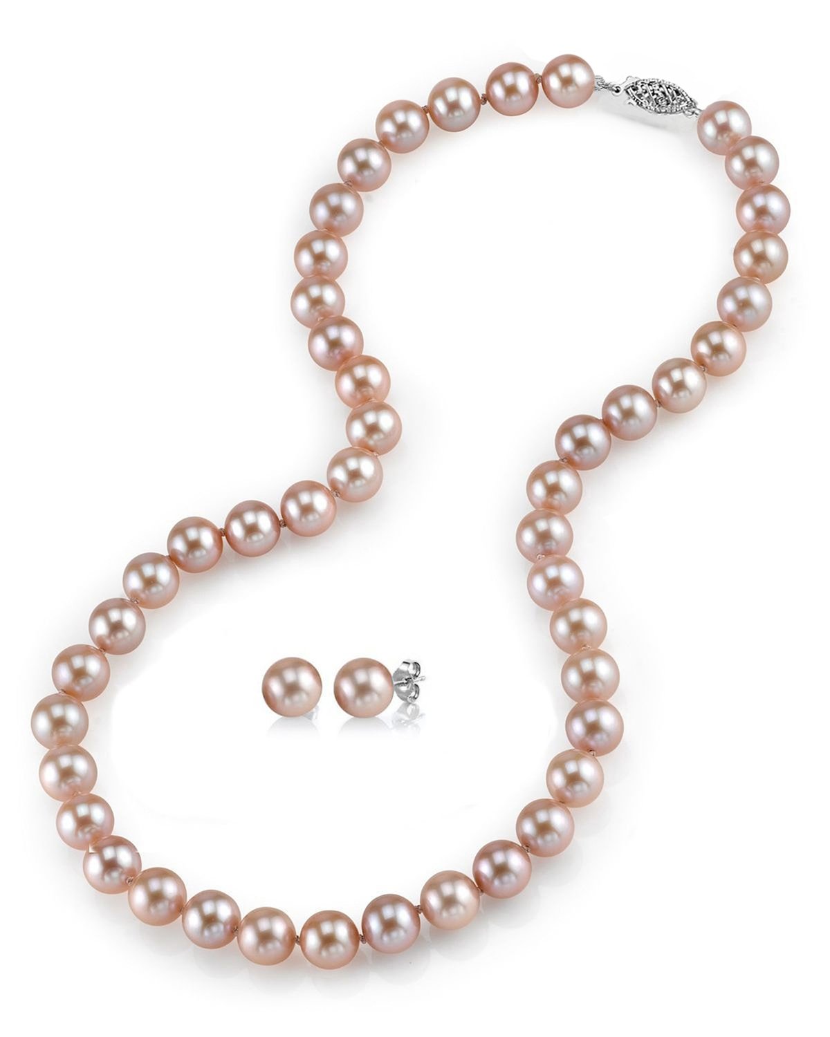 14K Gold 7-8mm Round Pink Freshwater Pearl Necklace & Earrings Set - 18