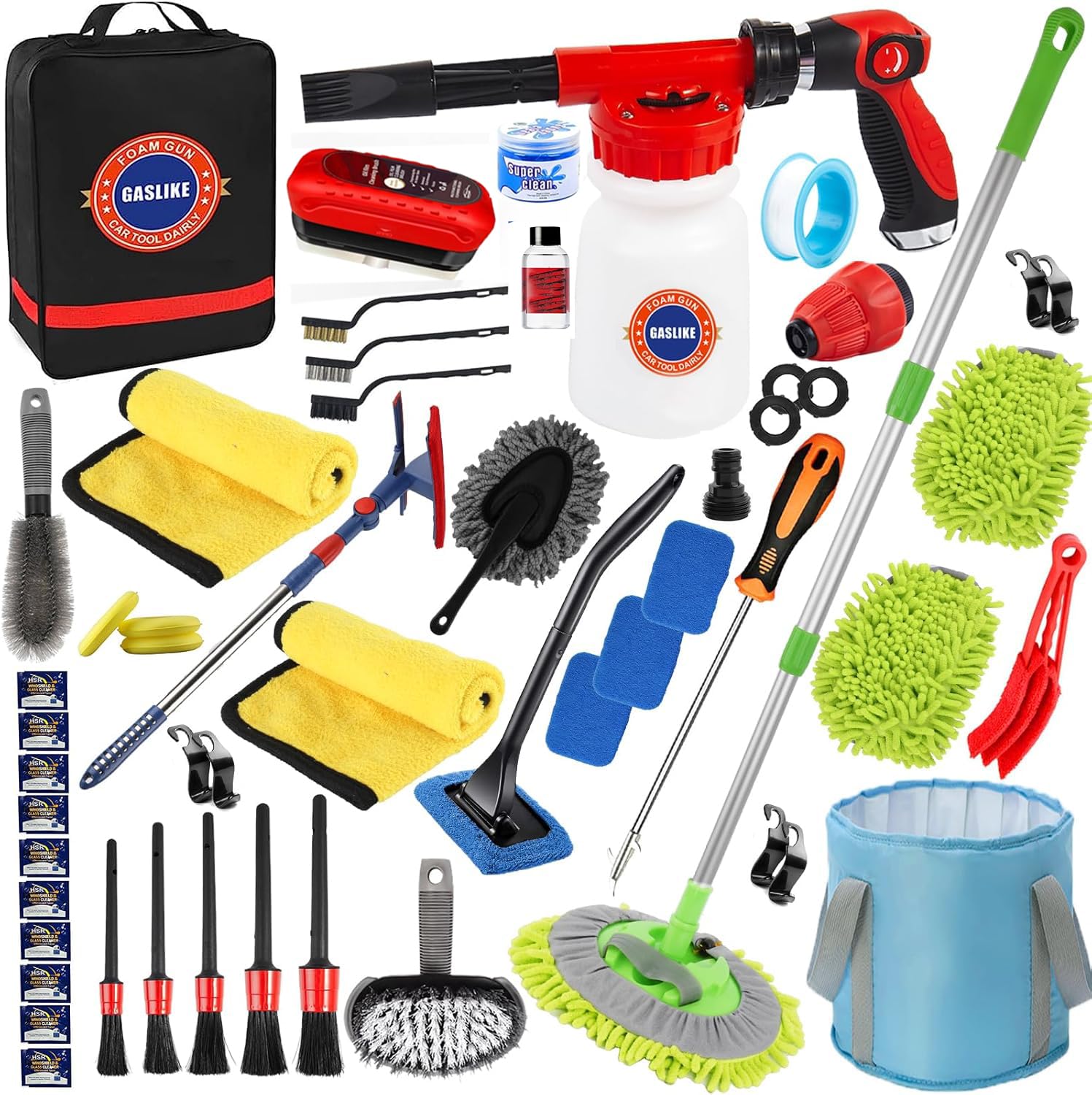 56Pcs Car Wash Cleaning Kit with Foam Gun, Long Handle Brush, Wheel Brush & Adjustable Hose Sprayer - Complete Auto Detailing Set for Home & Professional Use - Perfect for Car, Truck & RV Cleaning