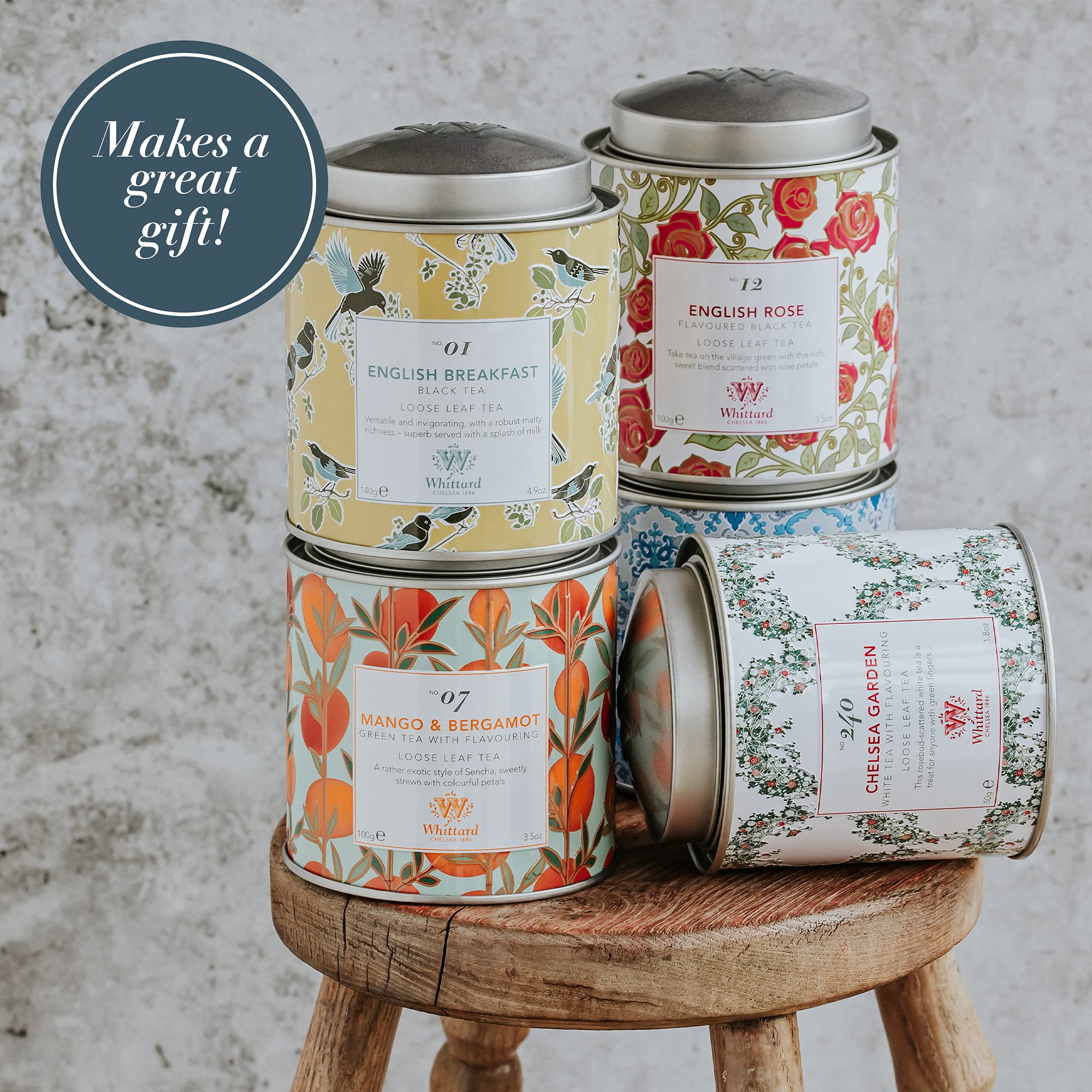 Whittard of Chelsea Afternoon Tea Collection Gift Box - 4 Premium Loose Leaf Teas: English Breakfast, Earl Grey, English Rose & Mango Bergamot (3 Black Teas + 1 Green Tea) - Perfect for Afternoon Tea Parties, Gifts & Relaxation