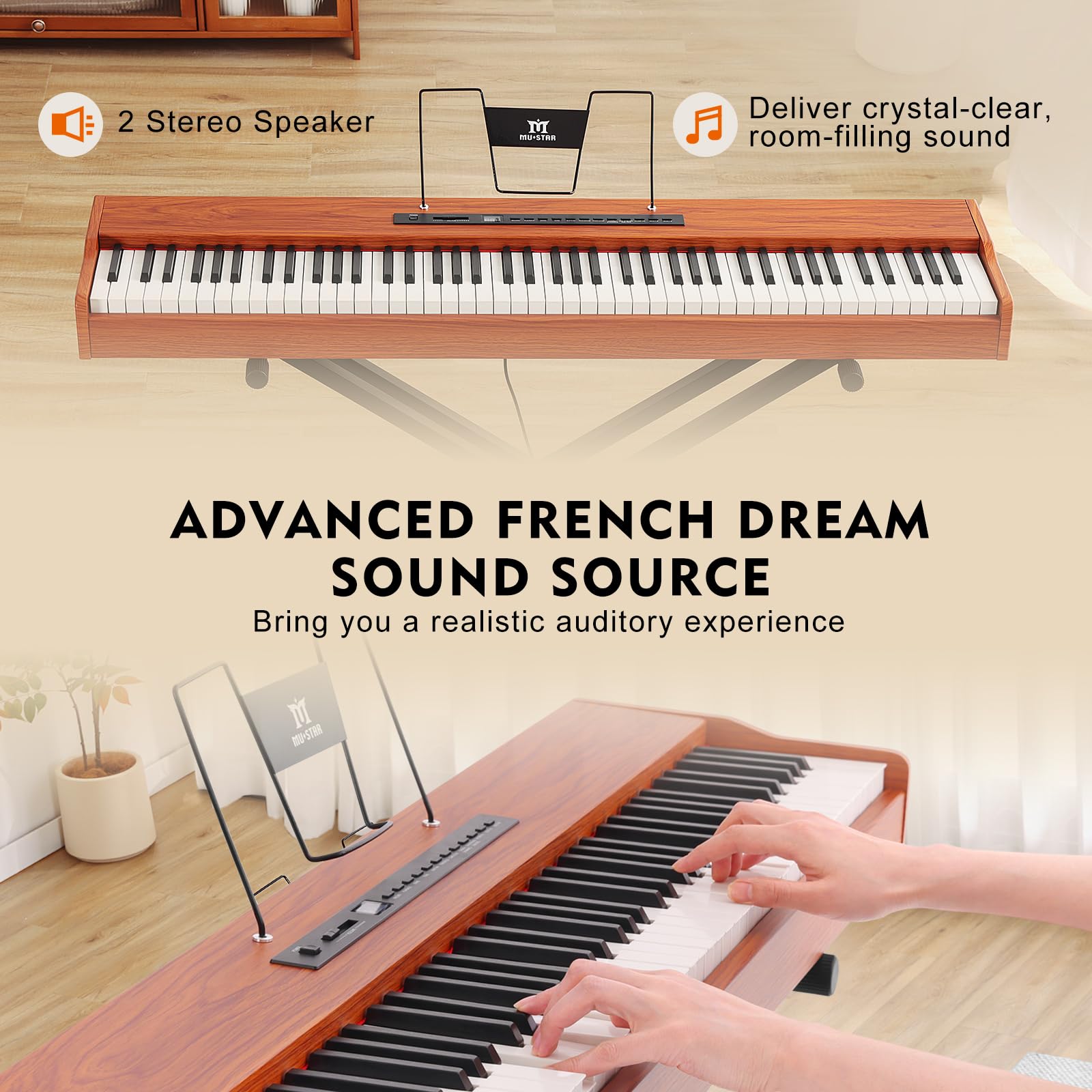 MUSTAR 88 Key Semi-Weighted Digital Piano for Beginners - Full Size Electric Keyboard with Stand, Built-in Speakers & Sustain Pedal - Brown | Home Studio, Music Practice, Live Performance