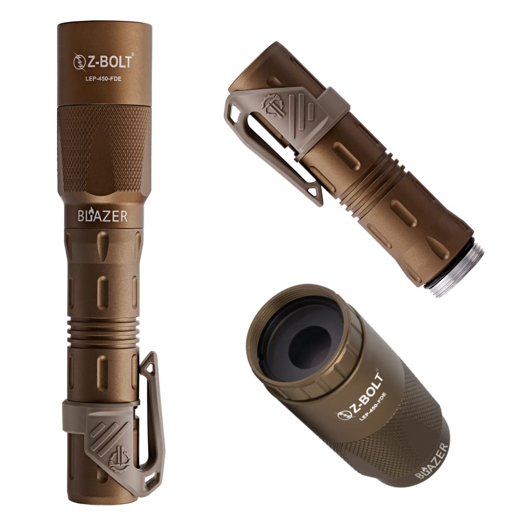 Z-BOLT® Blazer LEP Flashlight with Beam Shaping Diffuser - Dual Fuel (Battery & Rechargeable) - 1100m Range & 315,000 Candela - Tactical Duty & EDC Flashlight - Includes Free THYRM LPC Pocket Clip (FDE) - Perfect for Outdoor Adventures, Camping, Hiking, and Emergency Preparedness