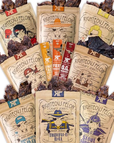 Righteous Felon Beef Jerky Stick Sampler Variety Pack - Gluten Free, High Protein, Low Sugar & Low Calorie Healthy Snacks Bundle for Keto, Paleo & On-the-Go Lifestyle | Perfect for Hiking, Camping & Office Snacks