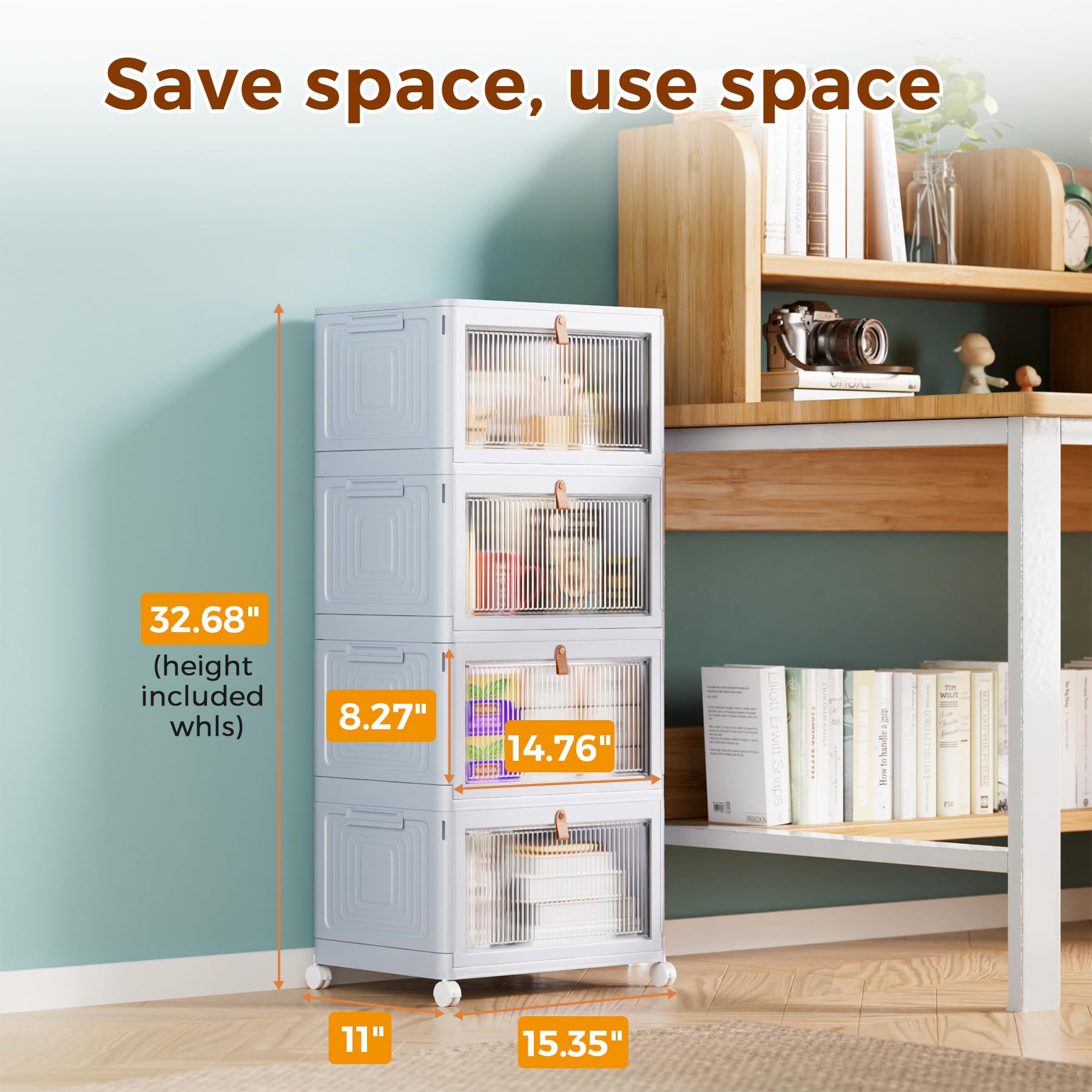 4 Tier Stackable Plastic Storage Bins with Lids & Wheels - 23 QT Foldable Organizer Containers for Closet, Pantry, Home, Dorm, Craft Supplies | Space-Saving Grey Storage Boxes for Bedroom, Office & Garage Organization