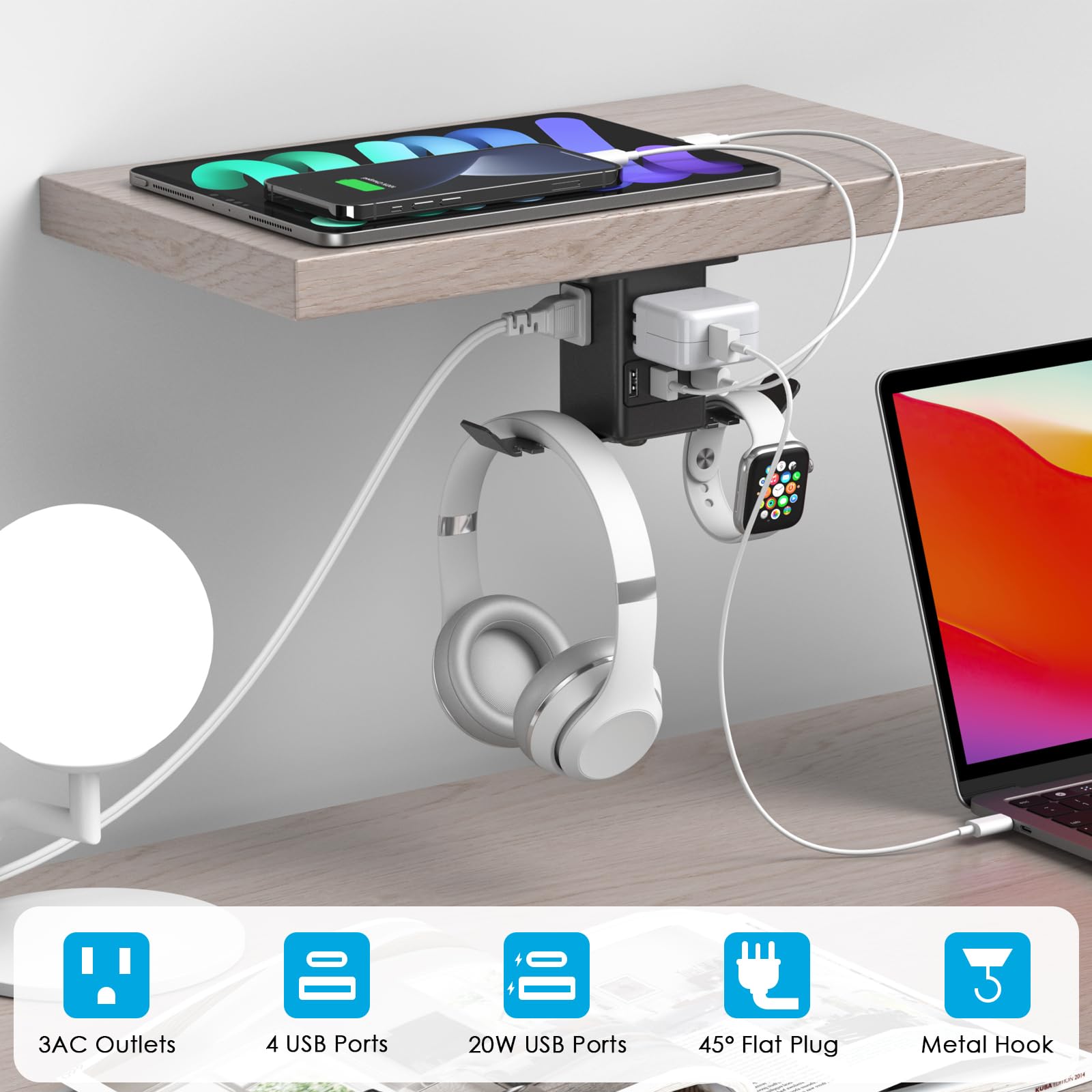 JUNNUJ Under Desk Headset Stand with 20W USB C Charger & 3 Outlet Power Strip - Headphone Hook, Surge Protector, PC Game Hanger Holder & Cable Organizer (6FT) - Perfect for Gaming Setup, Home Office & Workspace Organization