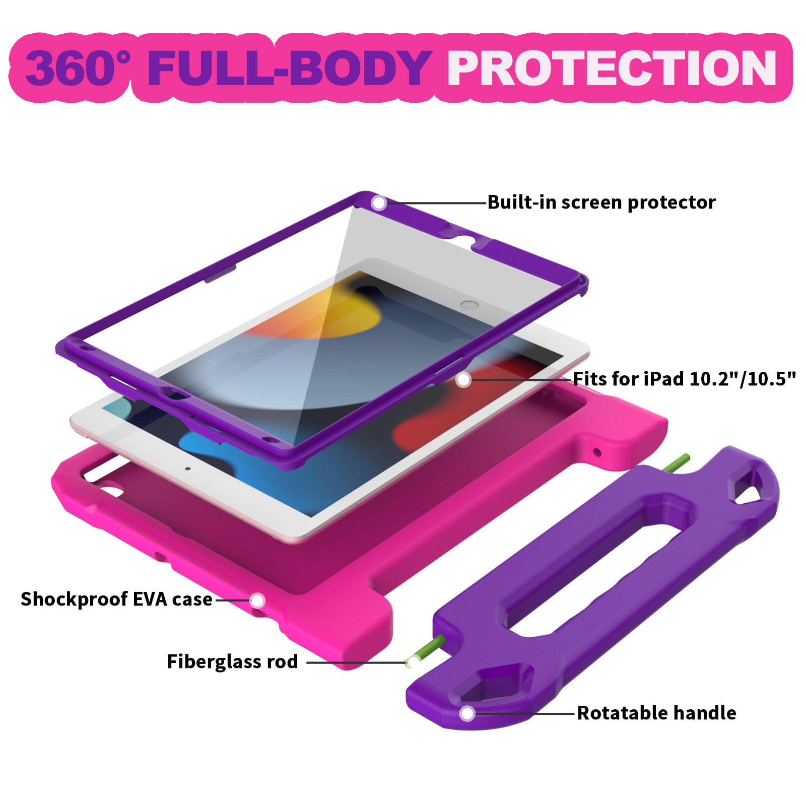 YIHE Shockproof Kids iPad Case for iPad 10.2 Inch 9th/8th/7th Gen (2021/2020/2019), iPad Pro 10.5 & iPad Air 3 - Handle Stand Protective Cover with Screen Protector (Pink & Purple) | Perfect for School, Travel & Home Learning
