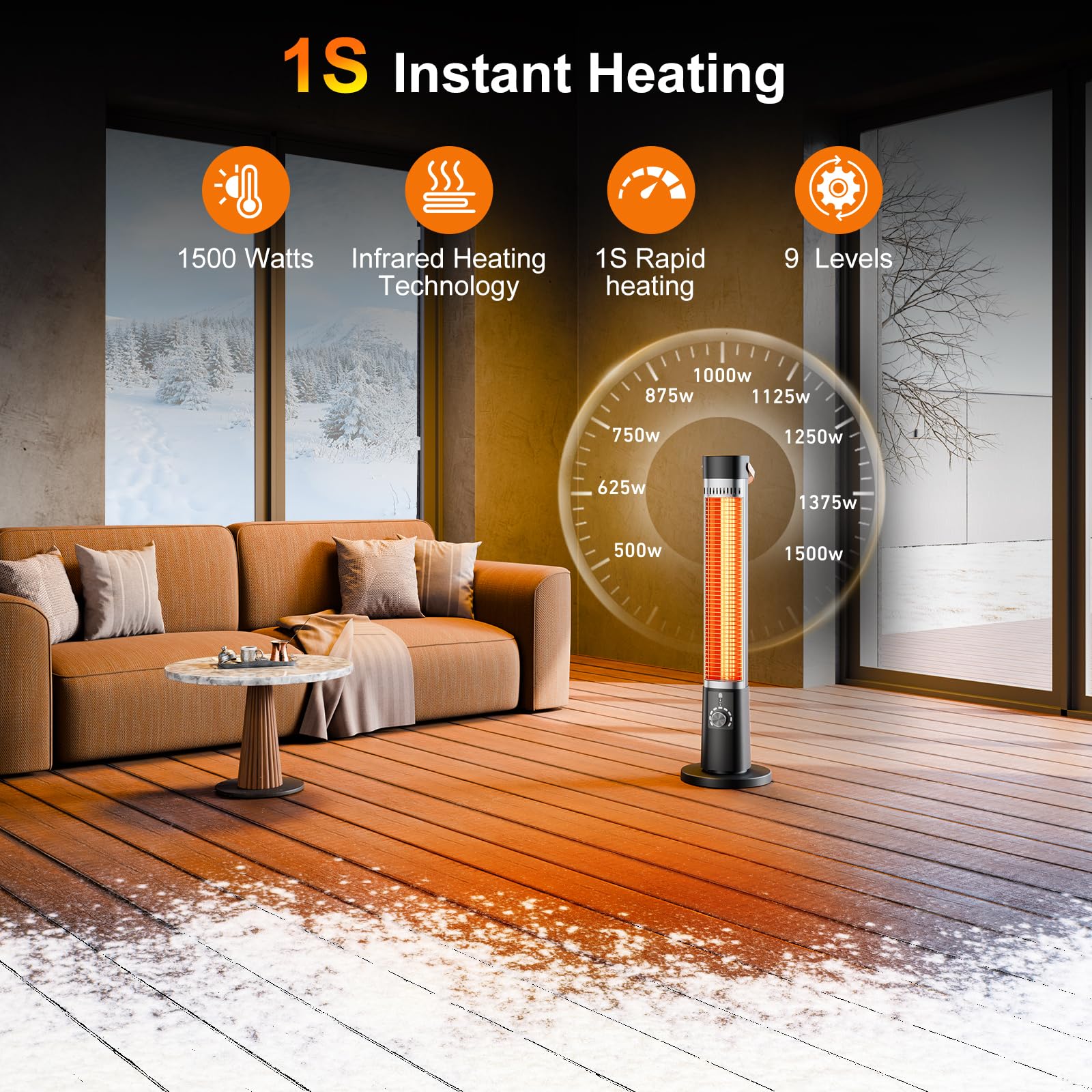 1500W Infrared Electric Heater for Patio & Indoor Use - Remote Control, 60° Oscillation, 9H Timer, 9 Heat Levels - Overheating & Tip-Over Protection with Safety Lock - Perfect for Garage, Porch, Gazebo, Living Room & Office