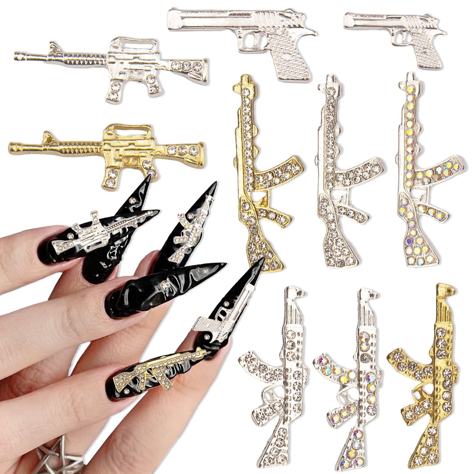 3D 10PCS Gun Rhinestone Alloy Nail Charms - Gold & Silver Nail Art Decorations, DIY Manicure Jewelry Accessories for Nail Art Supplies (5 Styles) - Perfect for Nail Salons, Home Manicures & DIY Craft Projects