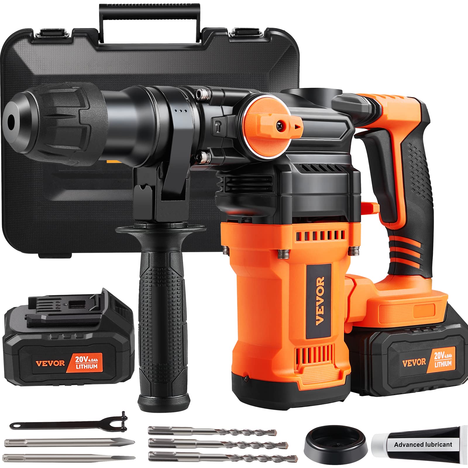 VEVOR 20V 1 Inch SDS-Plus Rotary Hammer Drill - 32Amp Cordless Demolition Hammer with 3 Functions, Vibration Control & Safety Clutch - Concrete Drilling & Chipping Power Tool Kit for Construction, Masonry & DIY Home Projects