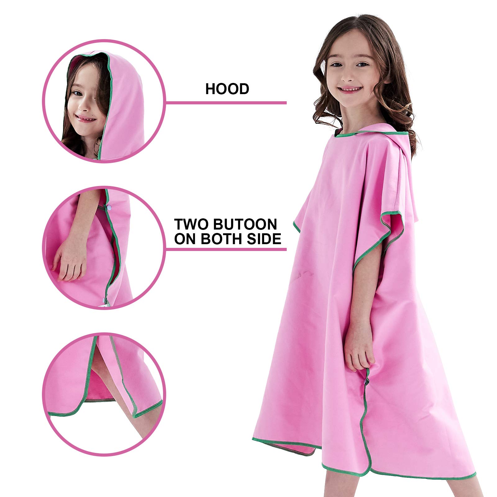 Quick Dry Kids Swim Poncho Changing Robe - Microfiber Hooded Beach Towel for Boys & Girls | Perfect for Surfing, Swimming, Travel, Camping, Pool & Bath | Soft Pink Waterproof Cover-Up