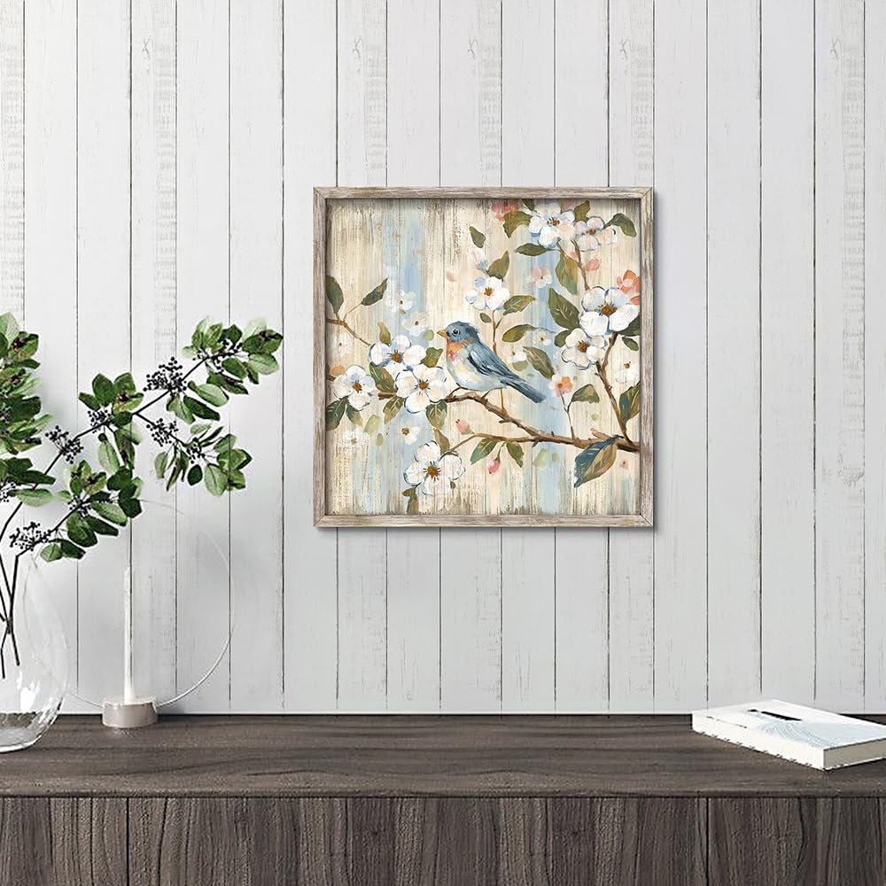 Bird Floral Wall Art Decor - Framed Botanical Artwork with Birds on Tree Branch, Wood Print for Bathroom, Bedroom & Living Room (12x12 Inches)