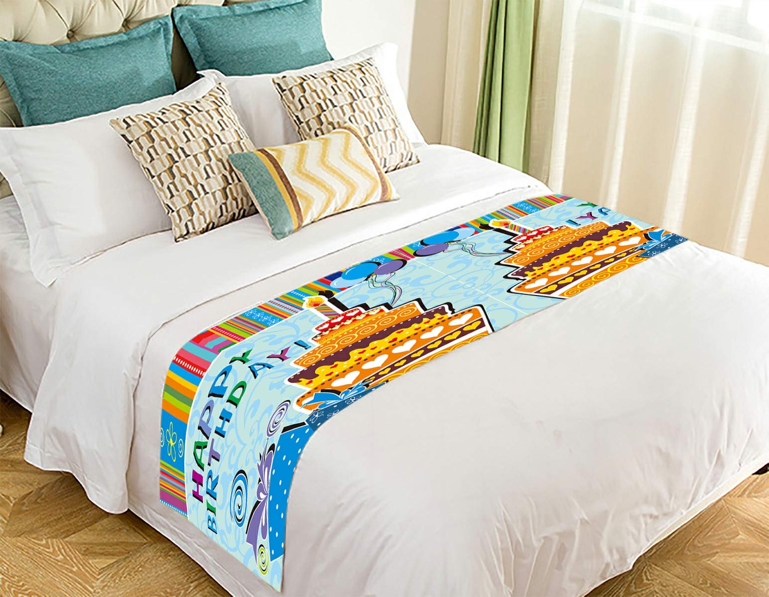 ECZJNT Birthday Cake Themed Decorative Bed Runner Scarf - 20x95 Inch - Elegant Bed Decor for Parties, Weddings & Home Styling