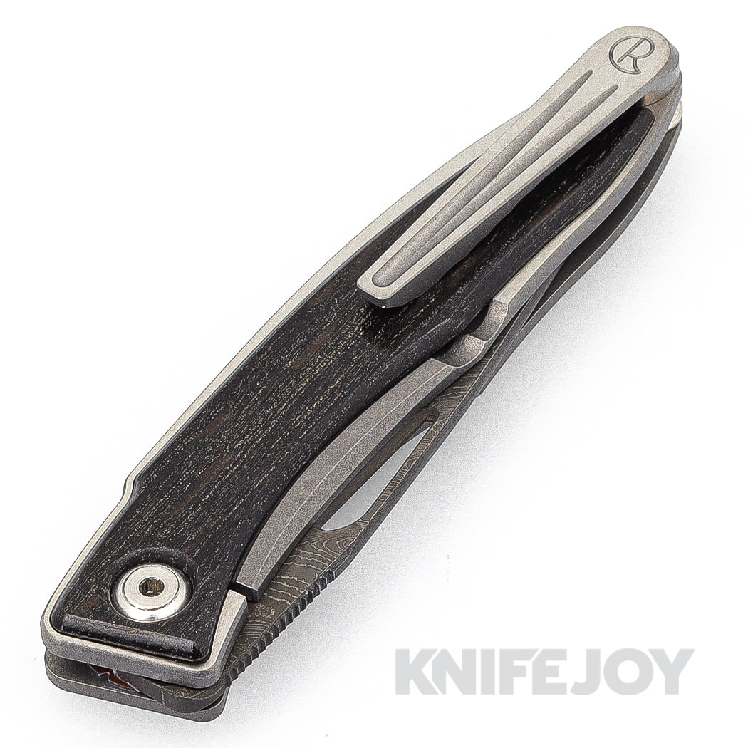 Chris Reeve Knives 2021 Mnandi Drop Point Boomerang Damascus Blade with Bog Oak Inlay - Left Handed Folding Pocket Knife for EDC, Camping & Outdoor Activities