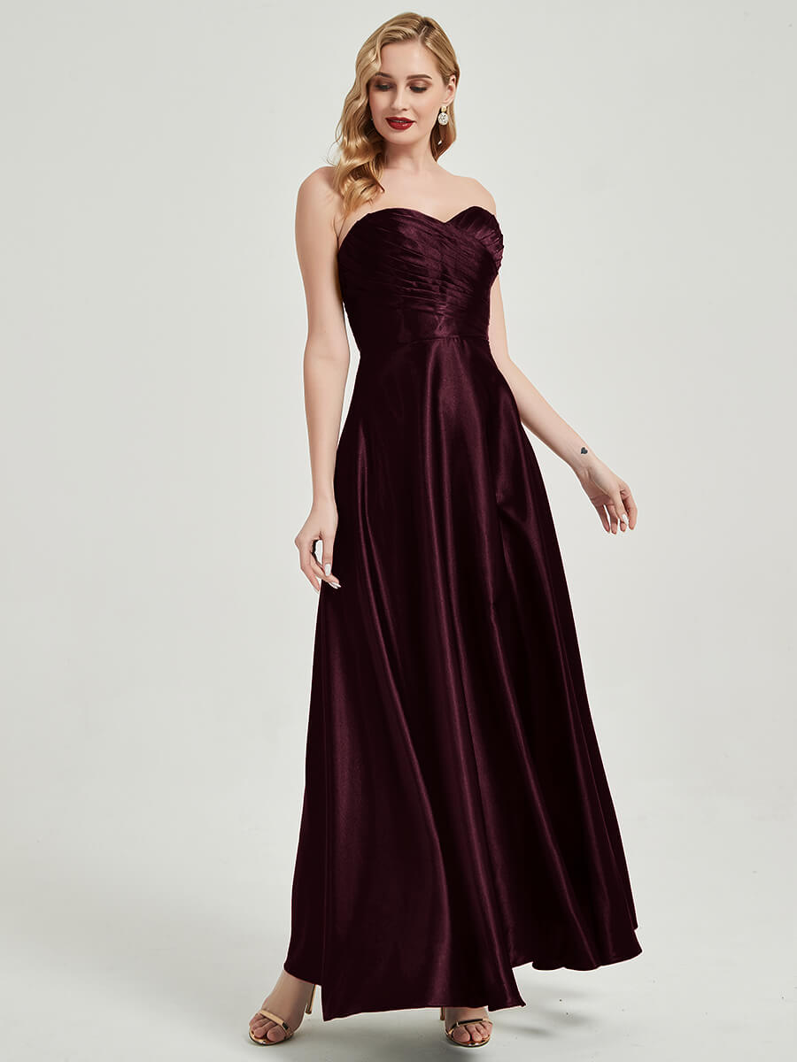 Elegant Cabernet Satin Sweetheart Strapless Floor-Length Pleated Bridesmaid Dress for Weddings, Formal Events & Special Occasions