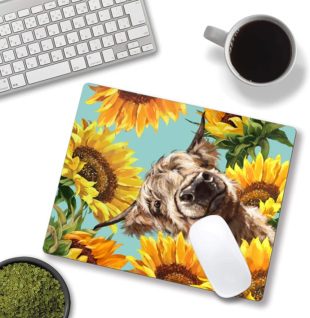 Custom Highland Cow with Sunflowers Mouse Pad - Non-Slip Rubber Base, Waterproof Square Mousepad for Office & Laptop (9.5