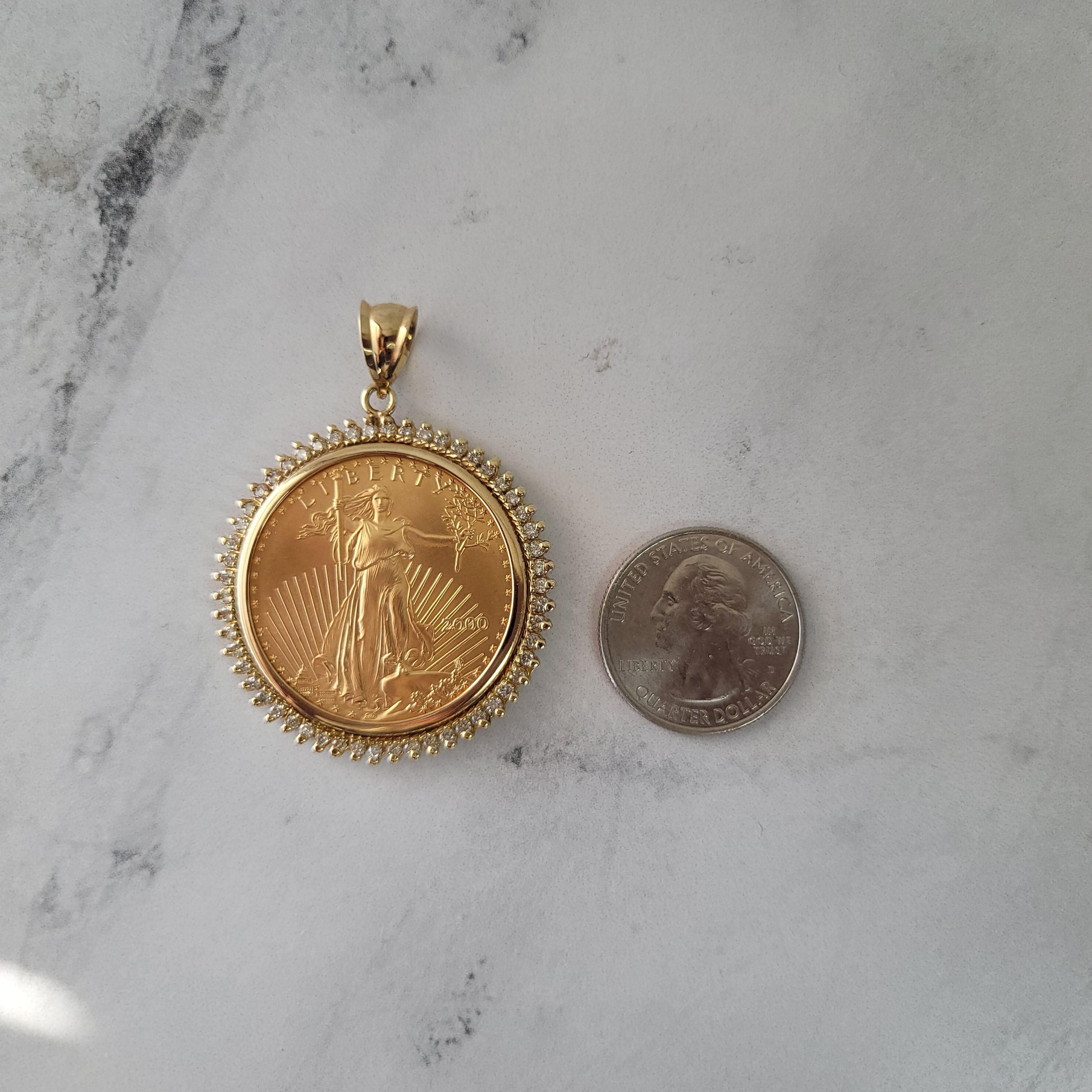 1OZ Fine Gold Lady Liberty Medallion Necklace with 1.10cttw Diamond Halo - Elegant Jewelry for Women, Luxury Gift for Anniversary, Birthday & Special Occasions