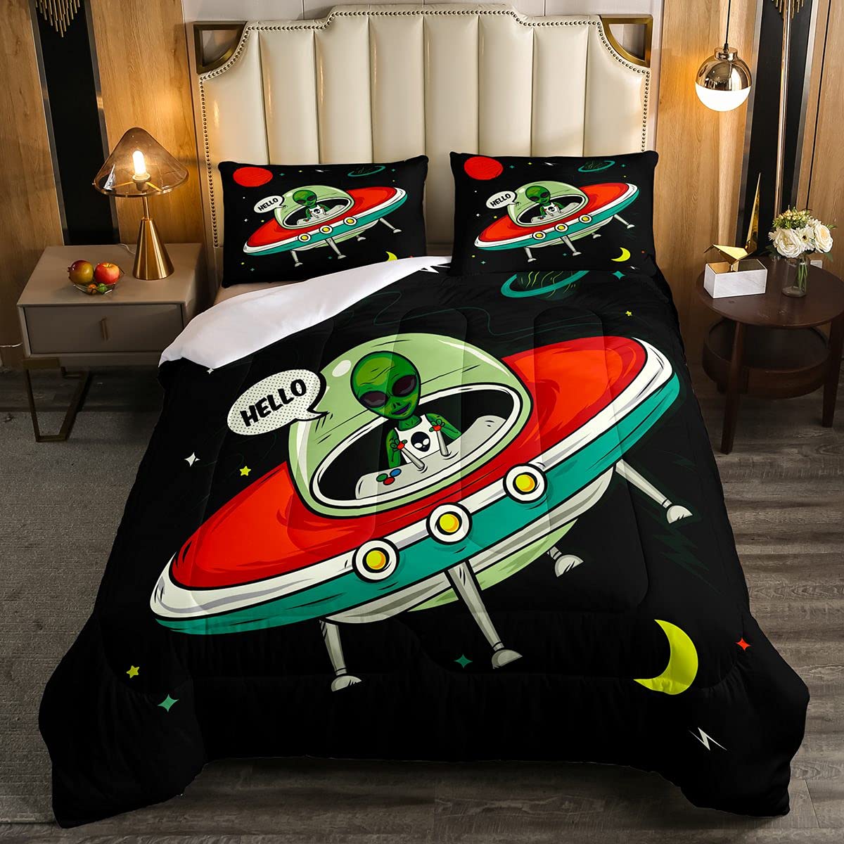 Outer Space Themed Comforter Set - Universe Planet Galaxy Bedding with Alien Design for Kids & Teens | Full Size Duvet Cover & Quilt Set | Perfect for Boys & Girls Bedroom Decor, Sleepovers & Space-Themed Rooms