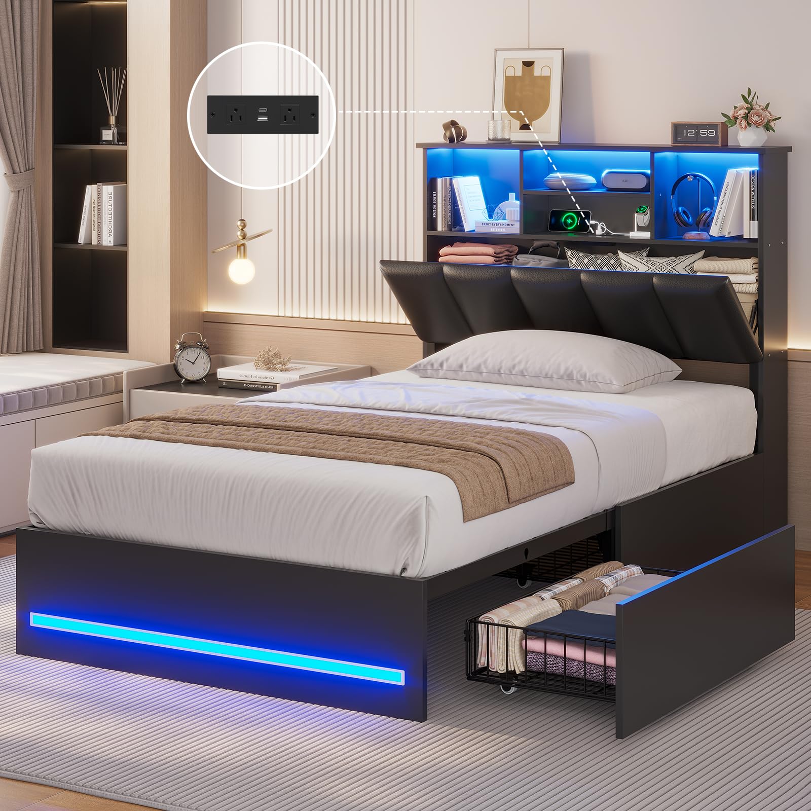AOGLLATI Twin Bed Frame with 4 Storage Drawers, USB Charging Station & LED Lights - Modern Twin Size Bed with Bookcase Headboard & Metal Slats, No Box Spring Required - Perfect for Small Bedrooms, Dorms & Guest Rooms (Black)