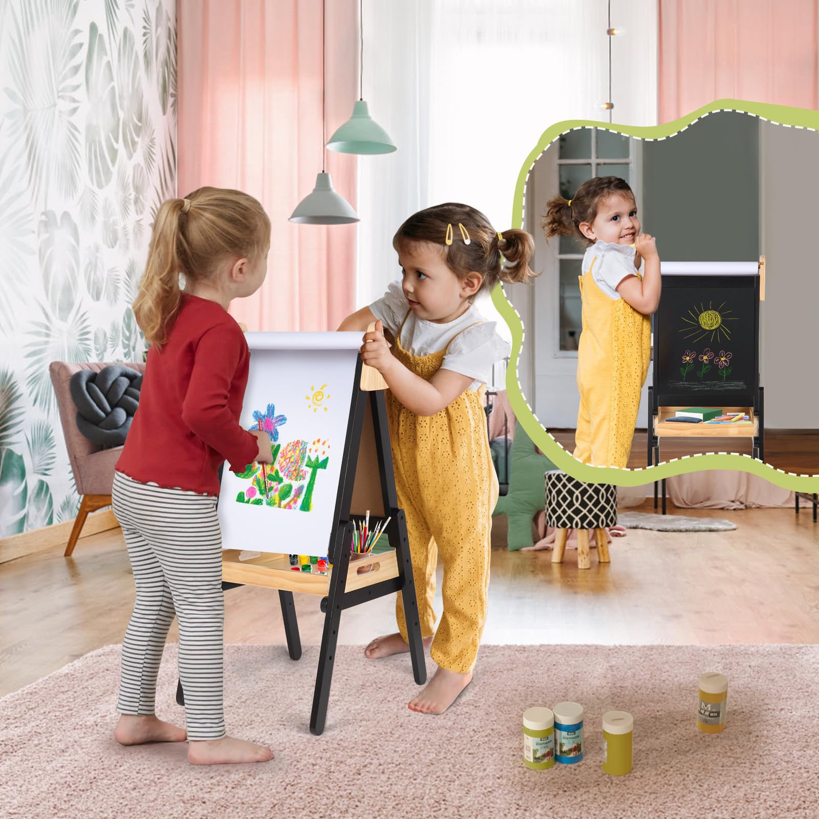 3 in 1 Adjustable Height Kids Easel with Wood Tray - Double Sided Magnetic Chalkboard & Whiteboard, Includes Paper Roll - Perfect for Toddlers Age 2+ (Black) | Ideal for Home, Classroom & Preschool Art Activities, Drawing & Learning