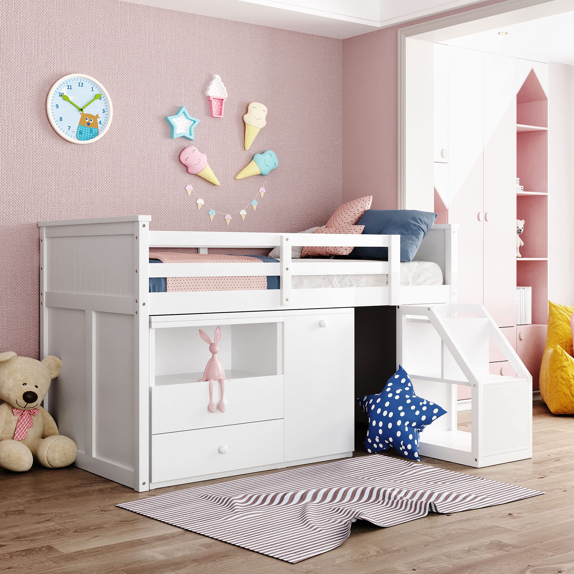 Merax Twin Loft Bed with Storage & Desk - White | Space-Saving Study Solution