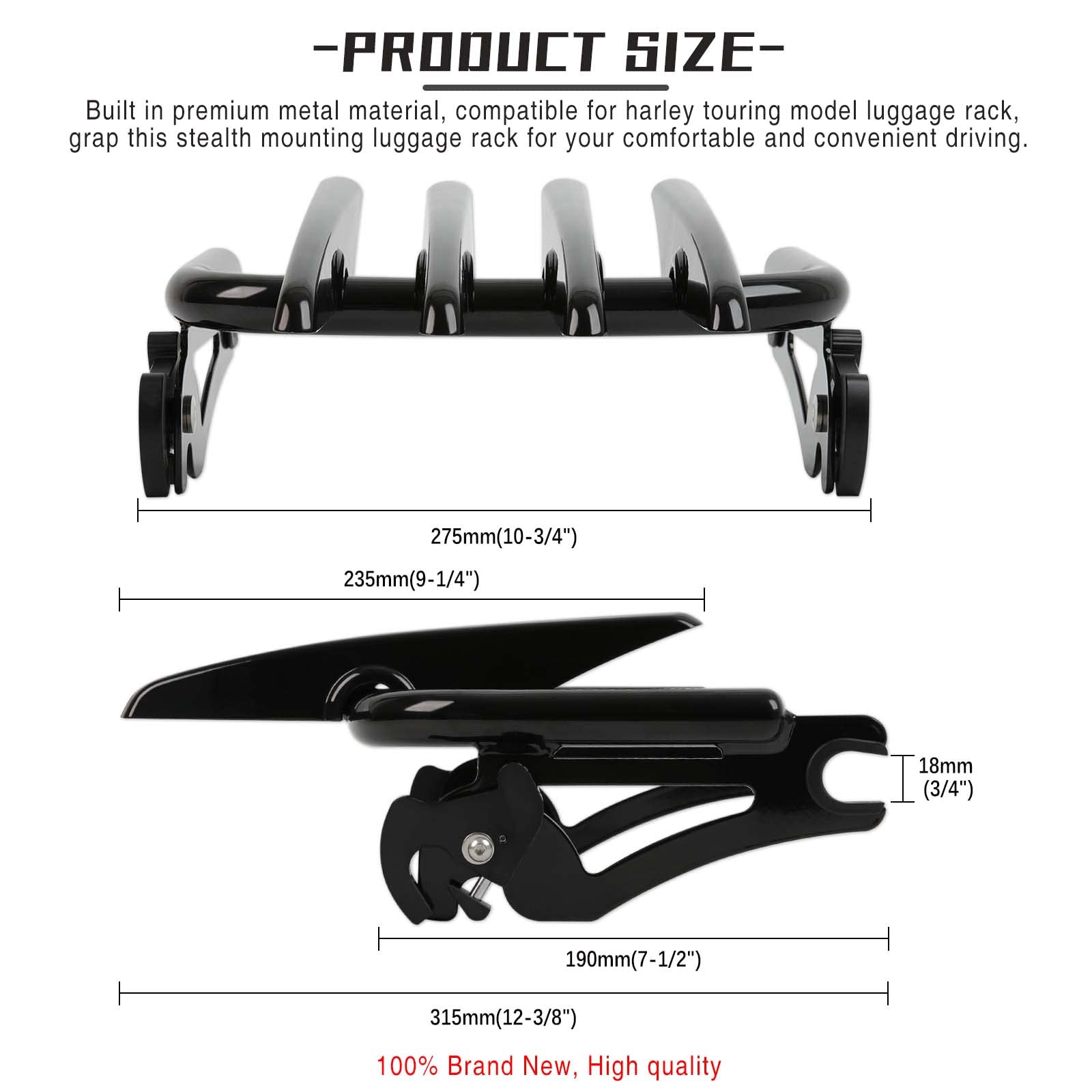 DREAMIZER Gloss Black Detachable Stealth Luggage Rack for Harley Touring Road King 2009-2023 | Motorcycle Saddlebag Support | Perfect for Long Rides & Road Trips