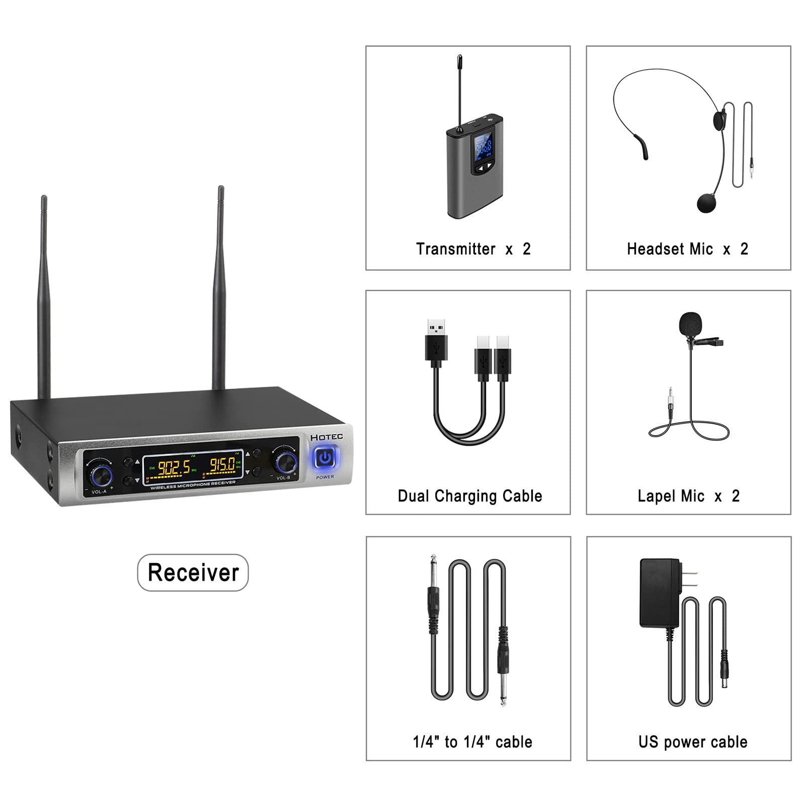 HOTEC UHF Wireless Microphone System - Dual Lapel/Lavalier & Headset Mics for PA, Mixer, Speaker, Karaoke - Ideal for Church Services, Training Sessions, Classroom Teaching & Interviews (H-K25) | Perfect for Worship, Presentations, Public Speaking & Professional Audio Setups