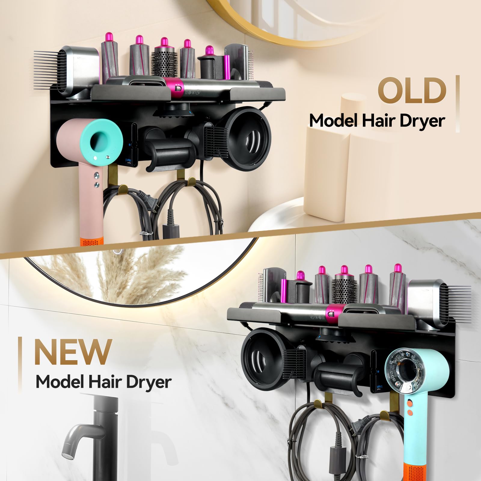 Dyson Airwrap Holder Wall Mounted - 2 in 1 Hair Dryer & Styler Organizer with Magnetic Hook for HD16 Dyson Airwrap | Bathroom Storage Solution for Hair Tools, Curling Irons & Accessories