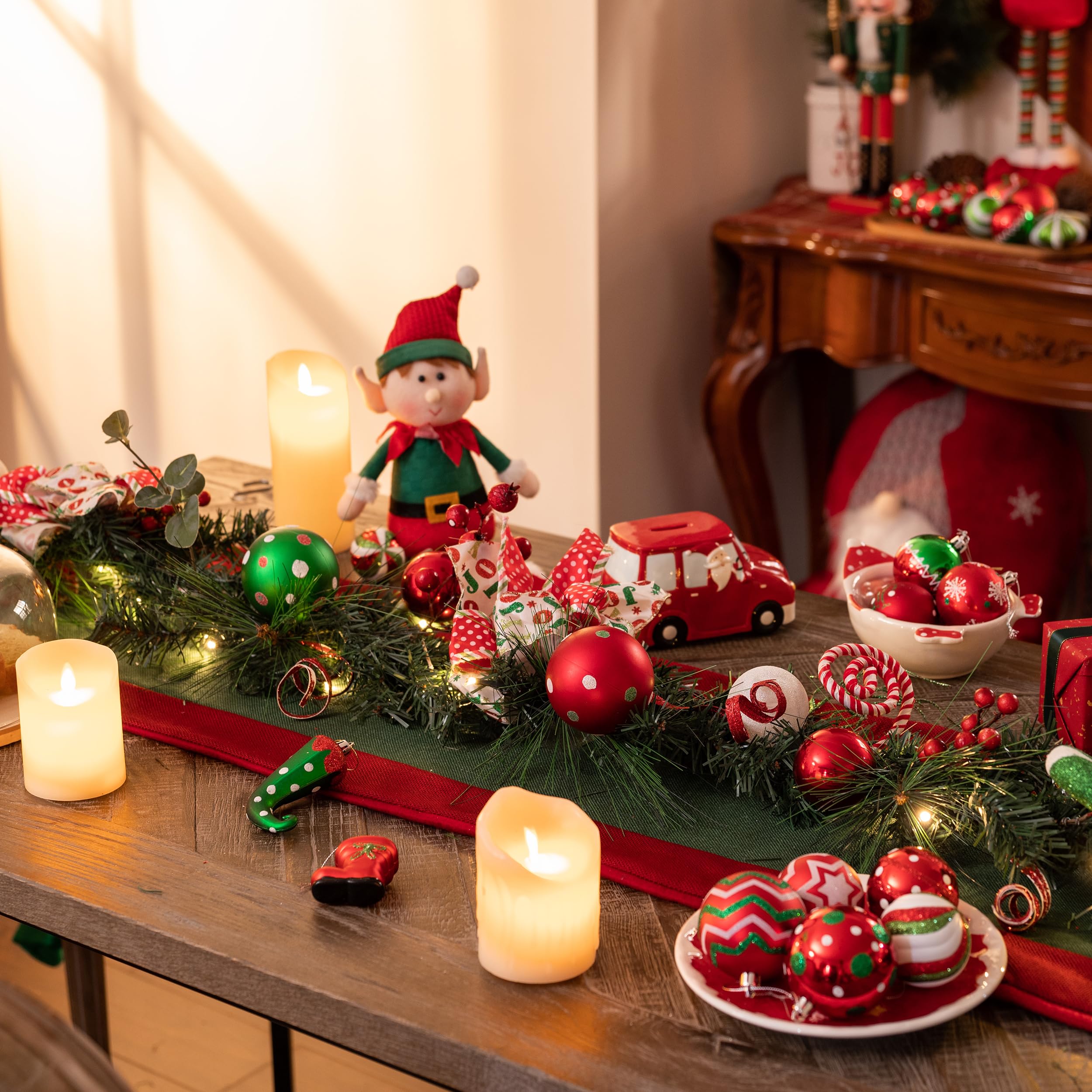 6ft Pre-Lit Christmas Garland with Battery Operated LED Lights - Red Green White Ornament Decor for Mantle, Fireplace, Front Door, Table Centerpiece | Indoor Outdoor Holiday Home Decor (Valery Madelyn)