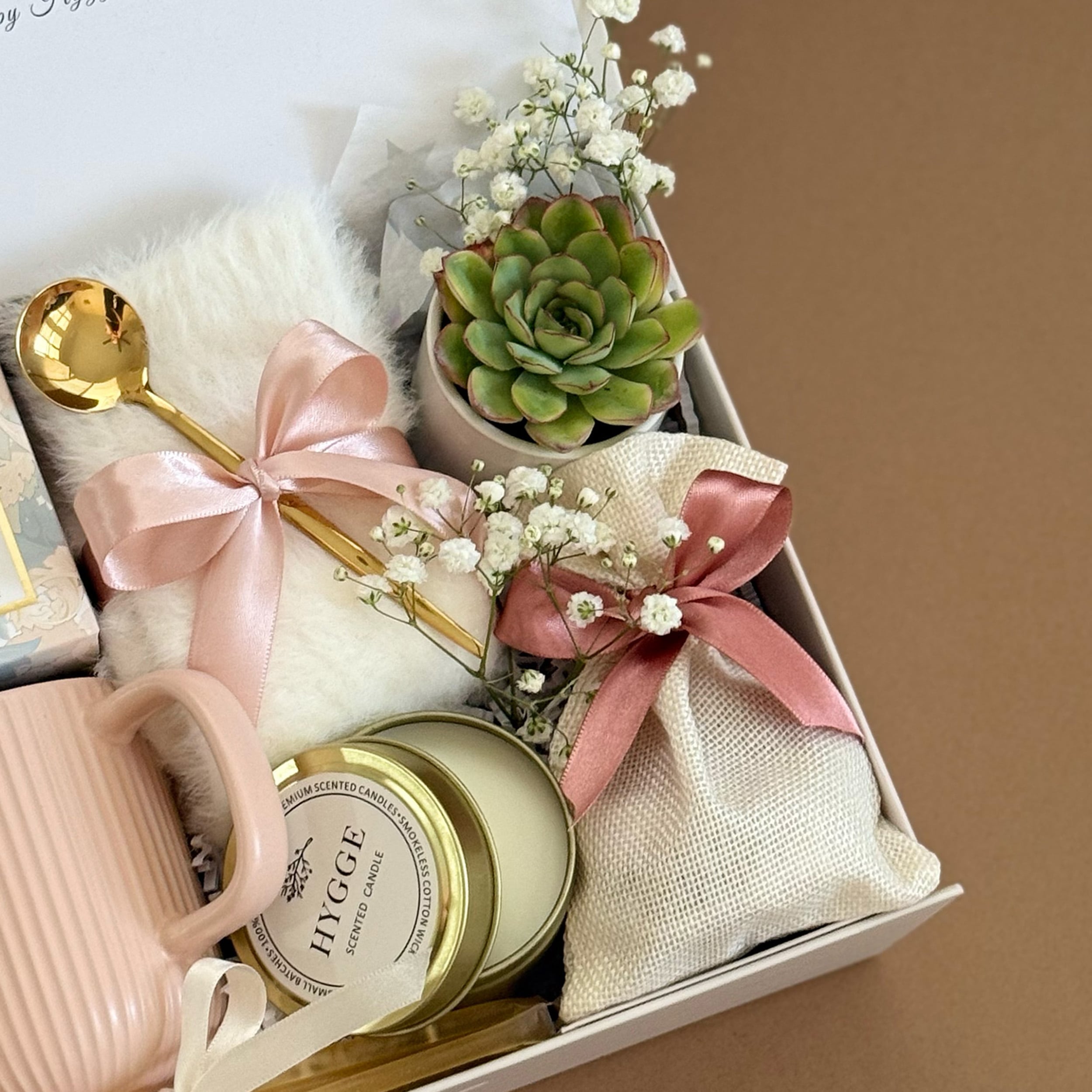 Luxury Summer Comfort Gift Box for Women - Cozy Mug, Cherry Tea, Fuzzy Socks, Scented Candle & Succulent Plant - Perfect Relaxation Gift for Her Birthday, Mother's Day or Self-Care
