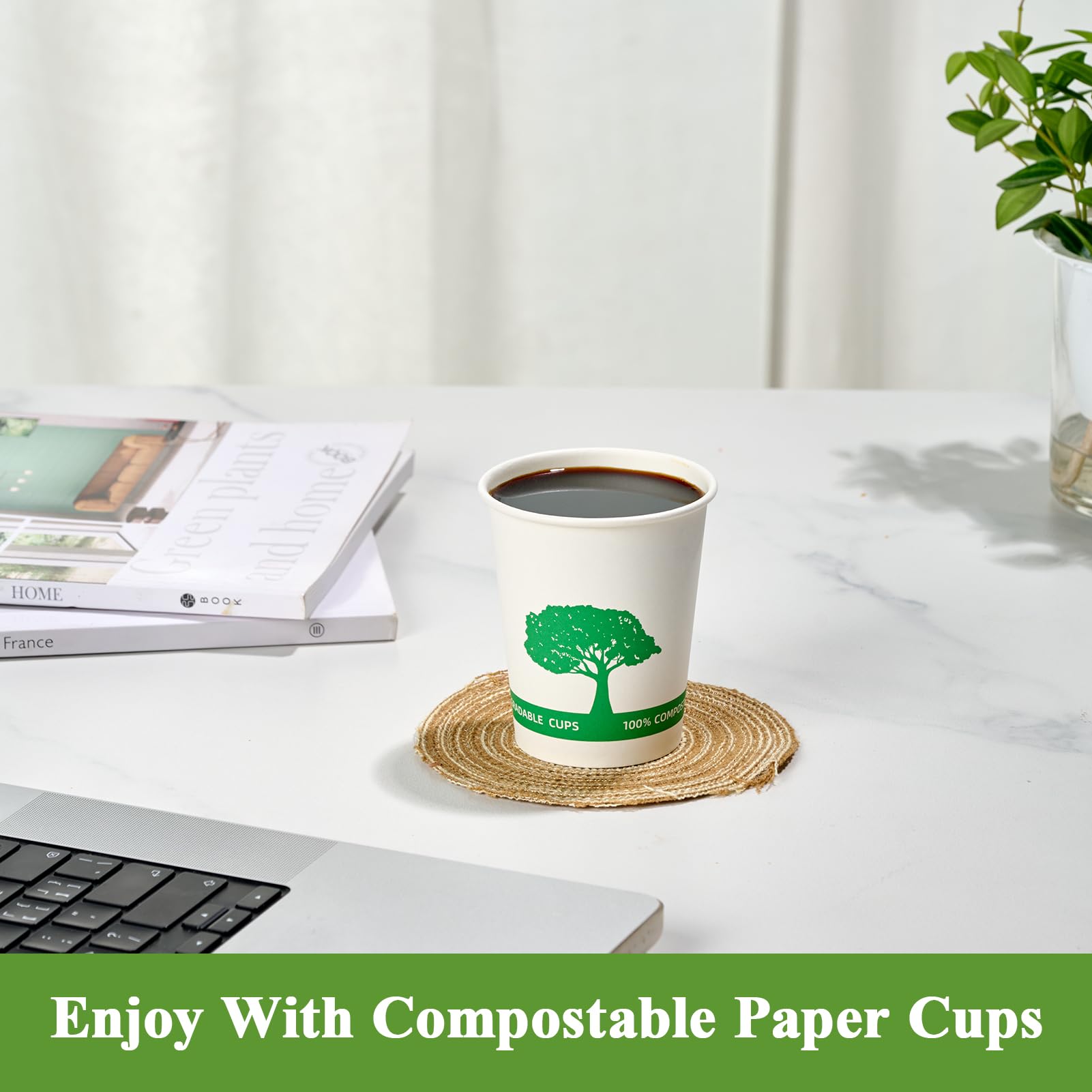 Vplus 400 Pack 8 oz Compostable Paper Coffee Cups | Biodegradable Disposable Hot Drinking Cups | Eco-Friendly Party, Picnic & Event Supplies | Perfect for Coffee Shops, Office Breakrooms & Outdoor Gatherings