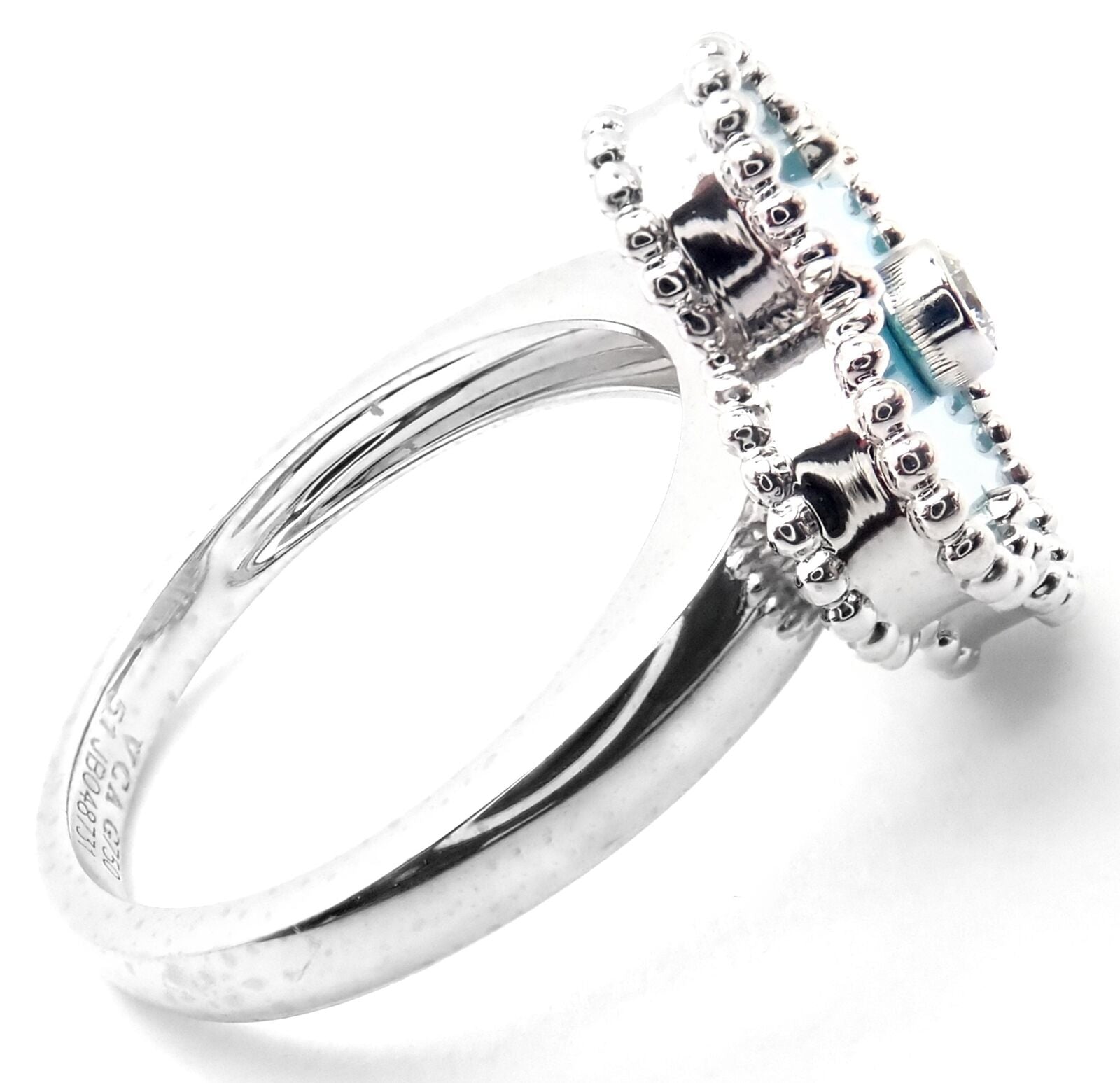 Authentic Van Cleef & Arpels Alhambra 18k White Gold Diamond Turquoise Ring - Luxury Jewelry for Weddings, Anniversaries & Special Occasions