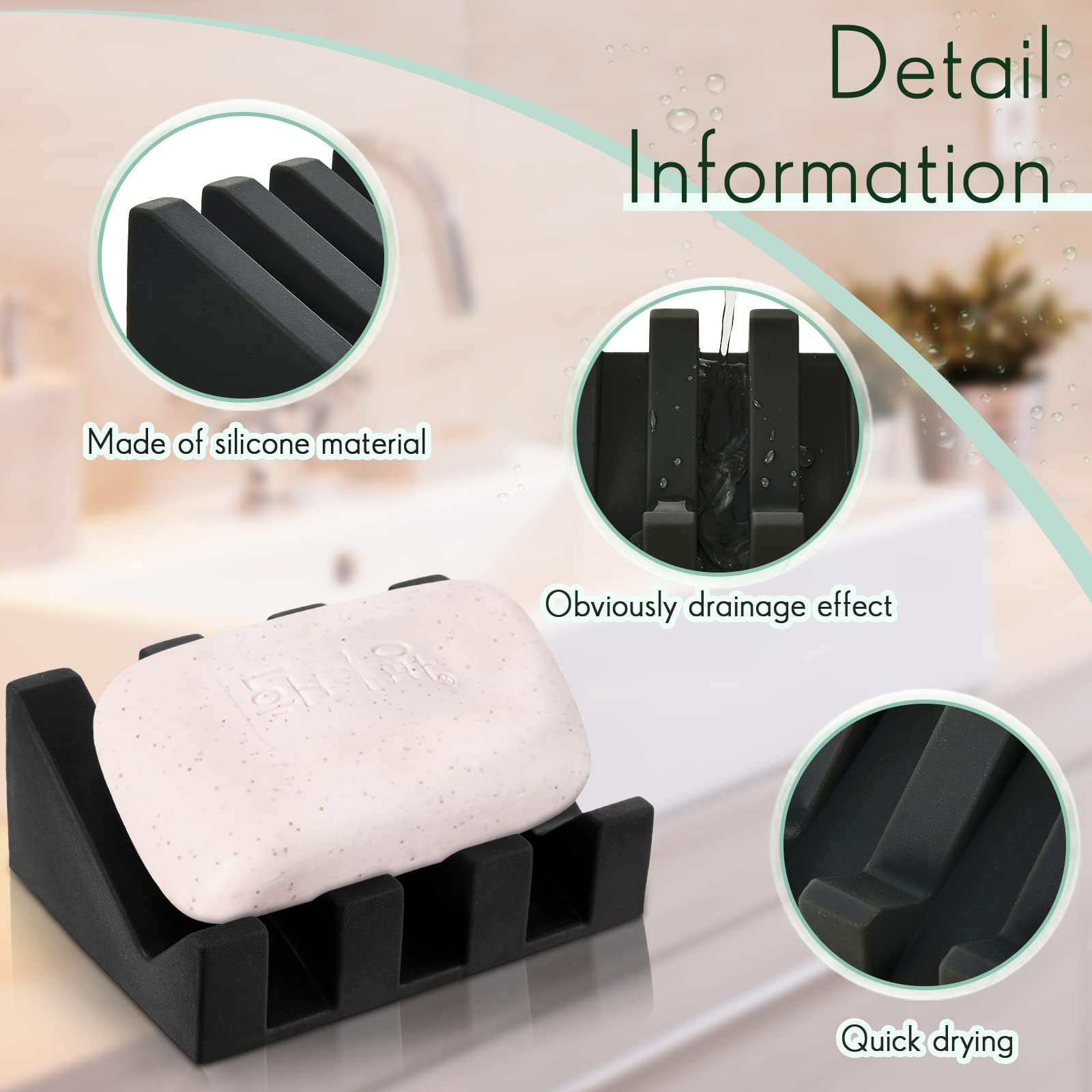 2-Pack Self-Draining Silicone Soap Dish Holder - Waterfall Design Soap Tray with Drain Holes for Shower, Kitchen & Bathroom - Keeps Soap Dry & Clean (Black & Cream White) - Perfect for Bathroom Countertops, Kitchen Sinks & Shower Shelves