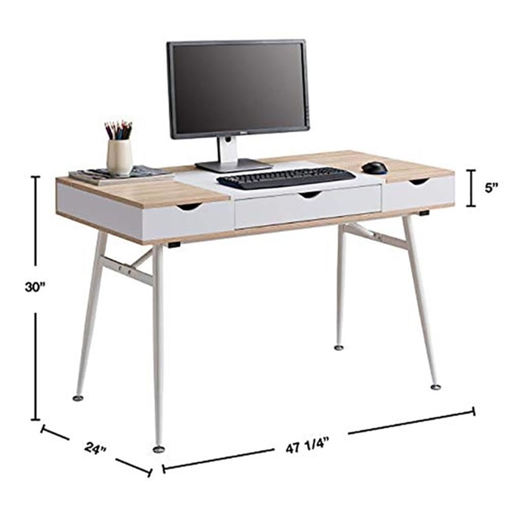 JJS Home Modern Computer Desk with Drawers - Sturdy Split Top Writing Desk, Spacious Workstation for Home Office, Bedroom or Study - Easy Assembly Contemporary White Desk for Work & Study