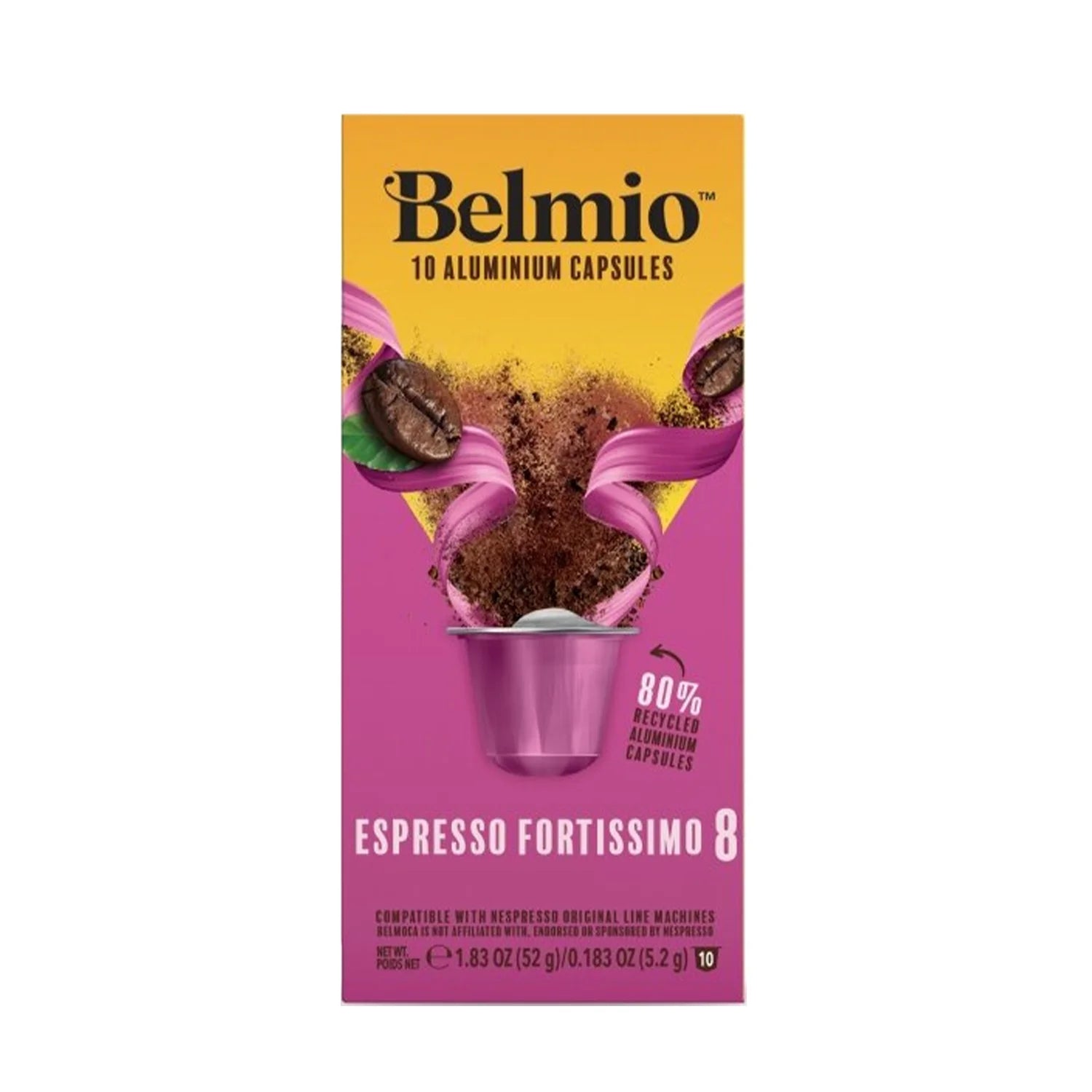 Belmio Espresso Fortissimo 8 Nespresso® Compatible Coffee Capsules - 10 Pack - Strong & Bold Roast for Coffee Lovers - Perfect for Home, Office or Gifting