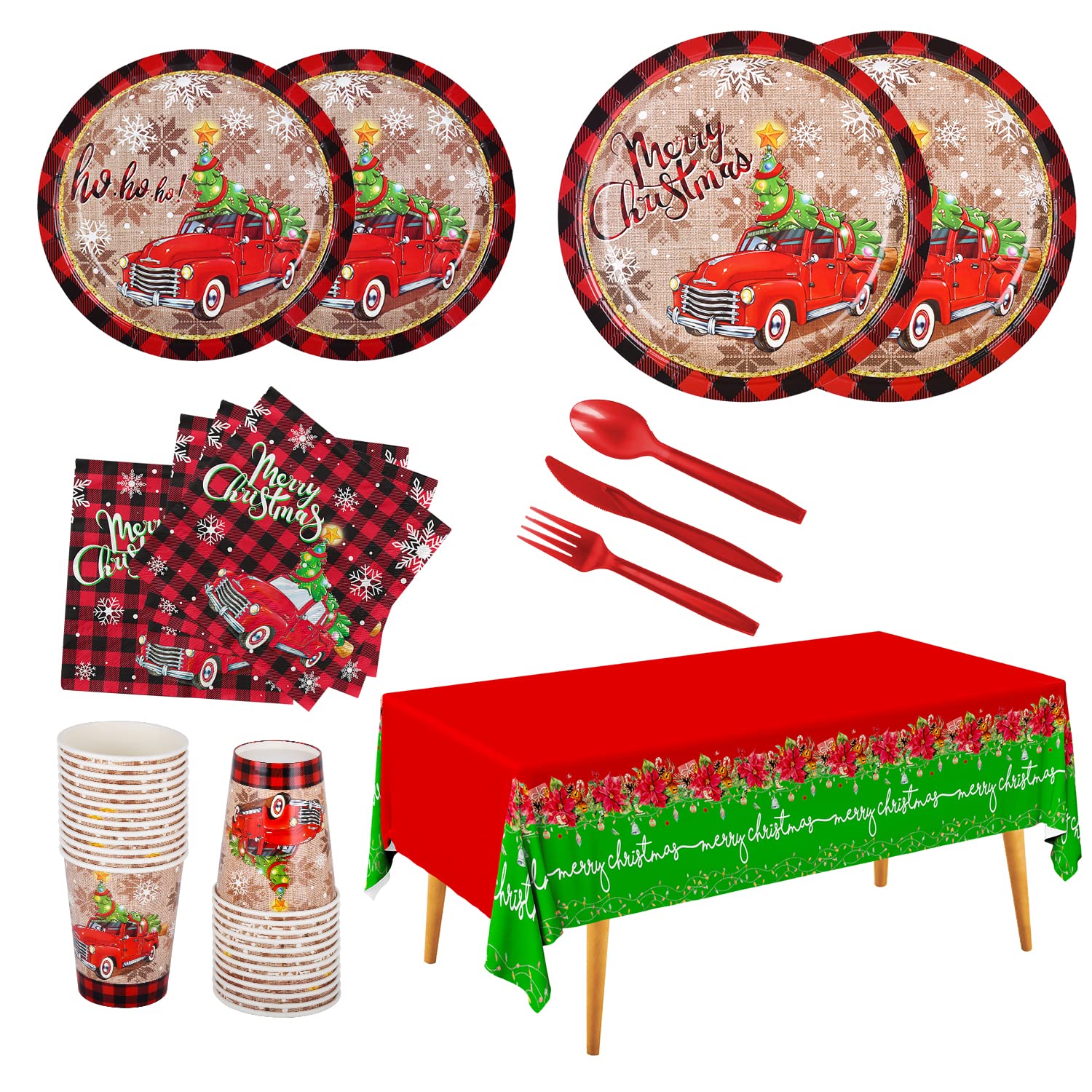 Disposable Christmas Party Supplies Set - 25-Piece Paper Plates, Napkins, Cups, Cutlery & Tablecloth for Holiday Decorations - Perfect for Christmas Dinner, Office Parties & Festive Gatherings