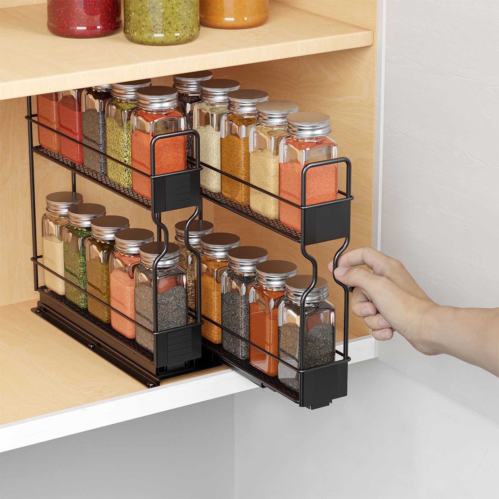 SpaceAid Pull-Out Spice Rack Organizer with 20 Jars - 2-Tier Slide-Out Cabinet Organizer for Kitchen, Includes Labels (5.2