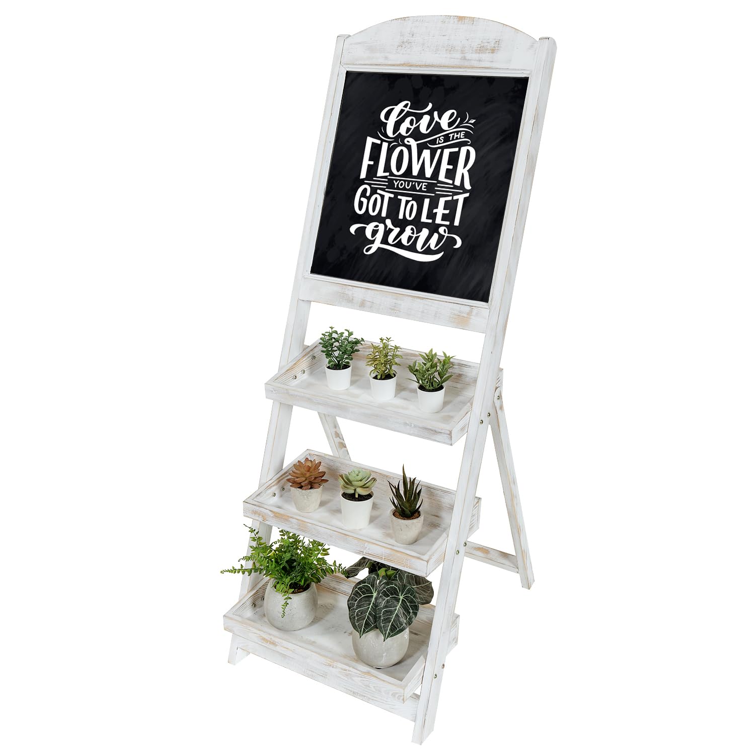 Vintage Whitewashed Wood Chalkboard Easel with 3-Tier Display Shelves - Freestanding Decorative Plant Stand for Home, Office & Cafe Decor | Perfect for Kitchen Herb Gardens, Wedding Signs & Retail Displays