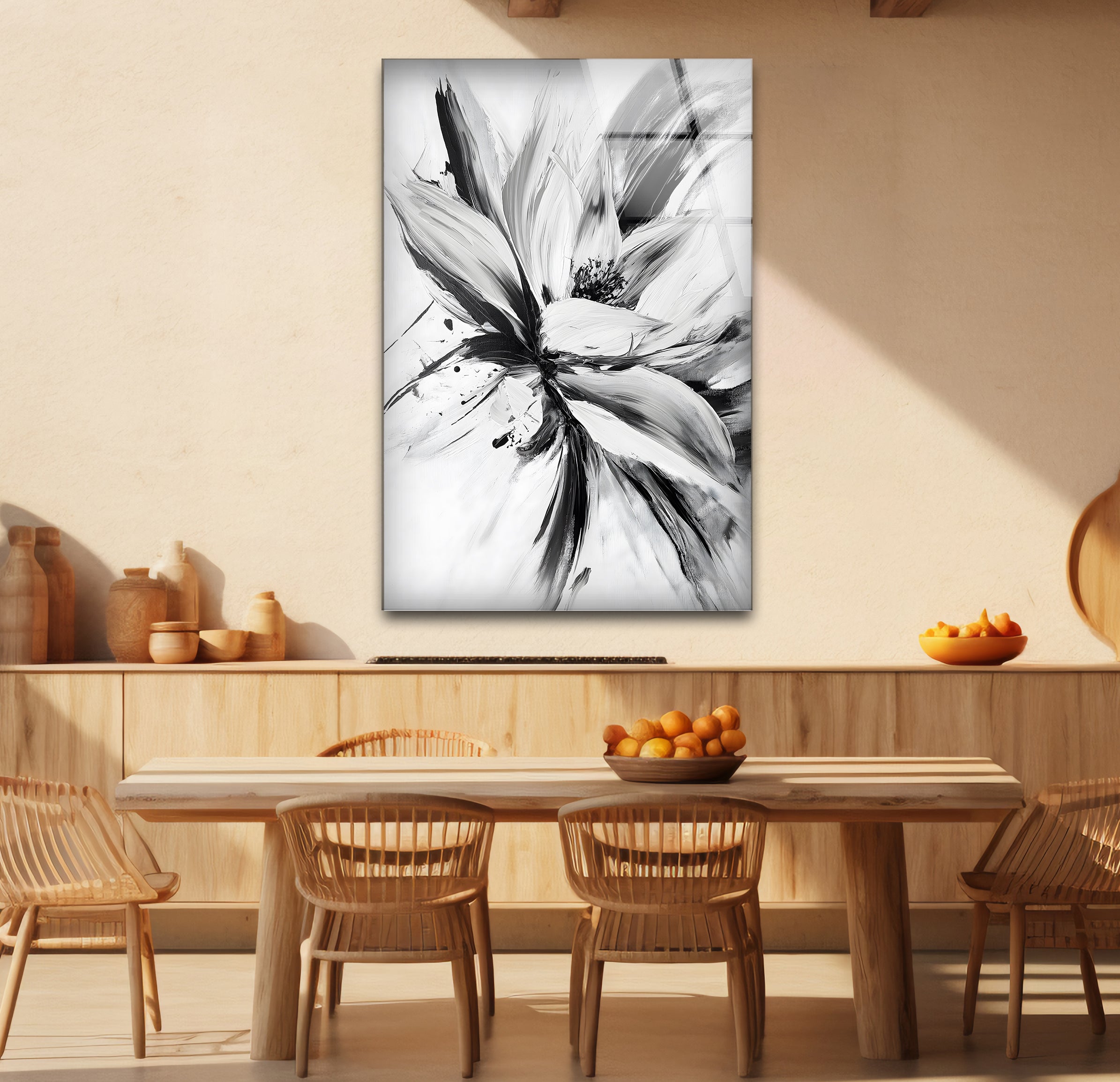 Modern Black and White Abstract Floral Glass Wall Art - Elegant Home Decor for Living Room, Bedroom & Office